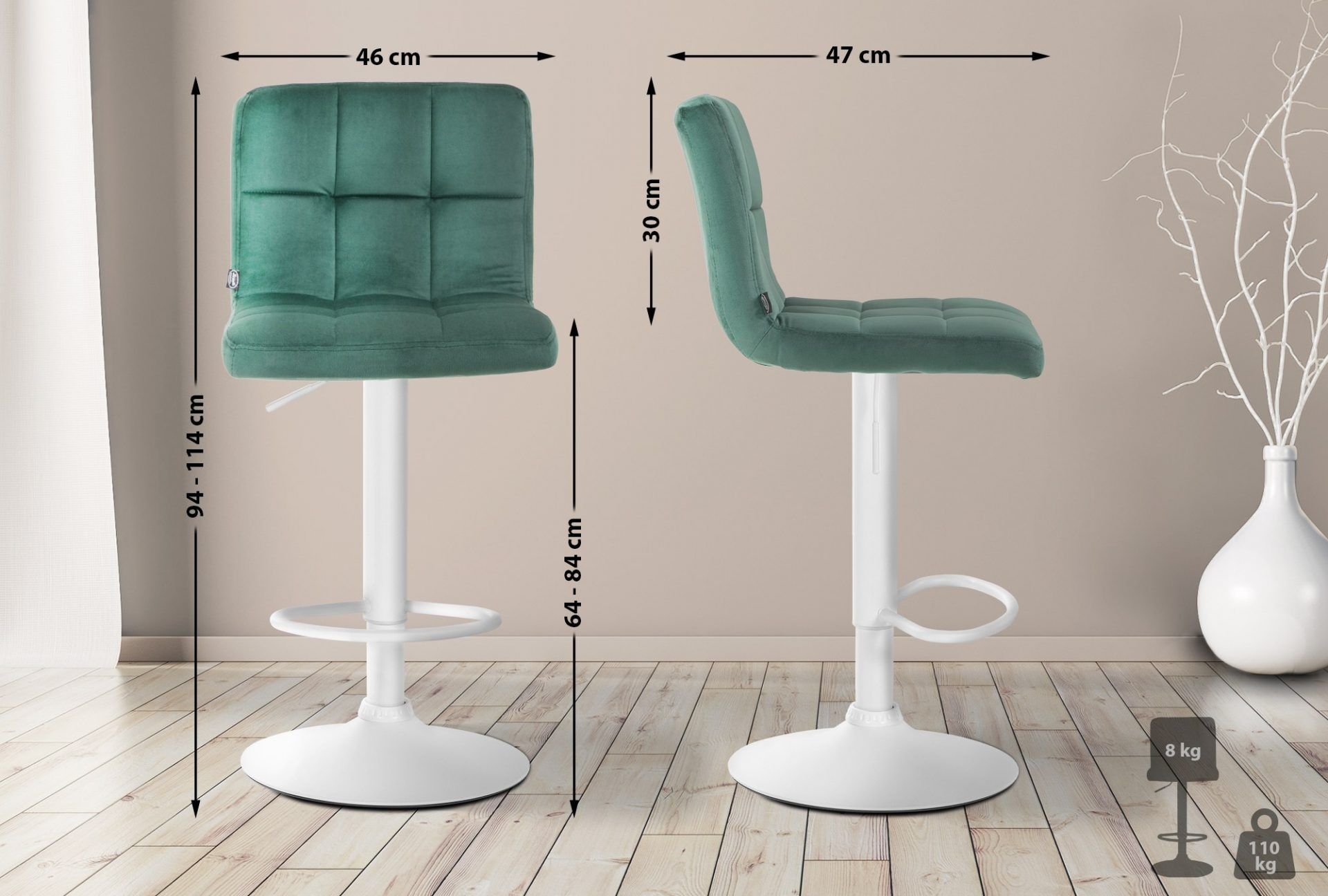 2er Set Barhocker Peru Samt weiß, grün