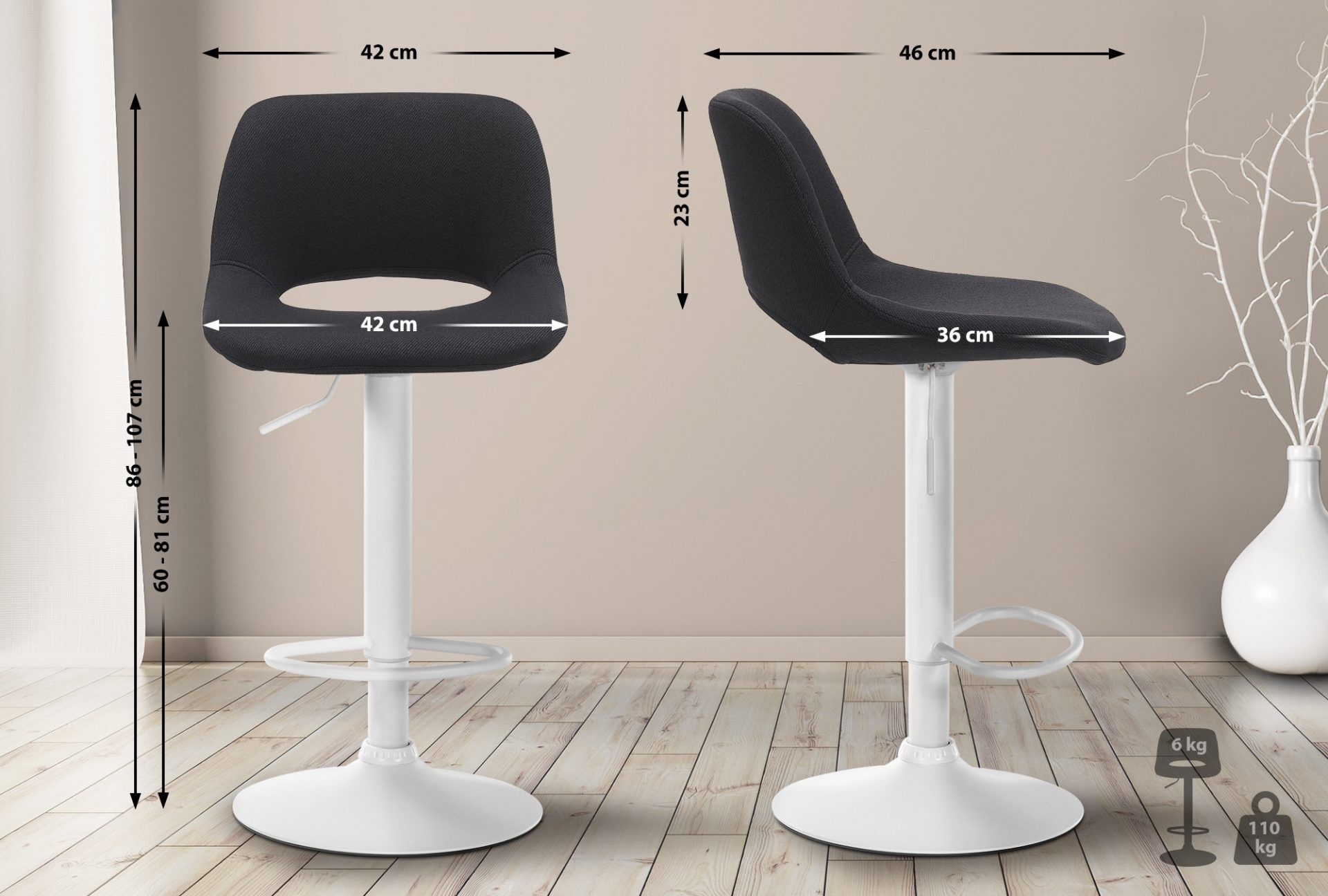 Barhocker Camden Stoff weiß, schwarz