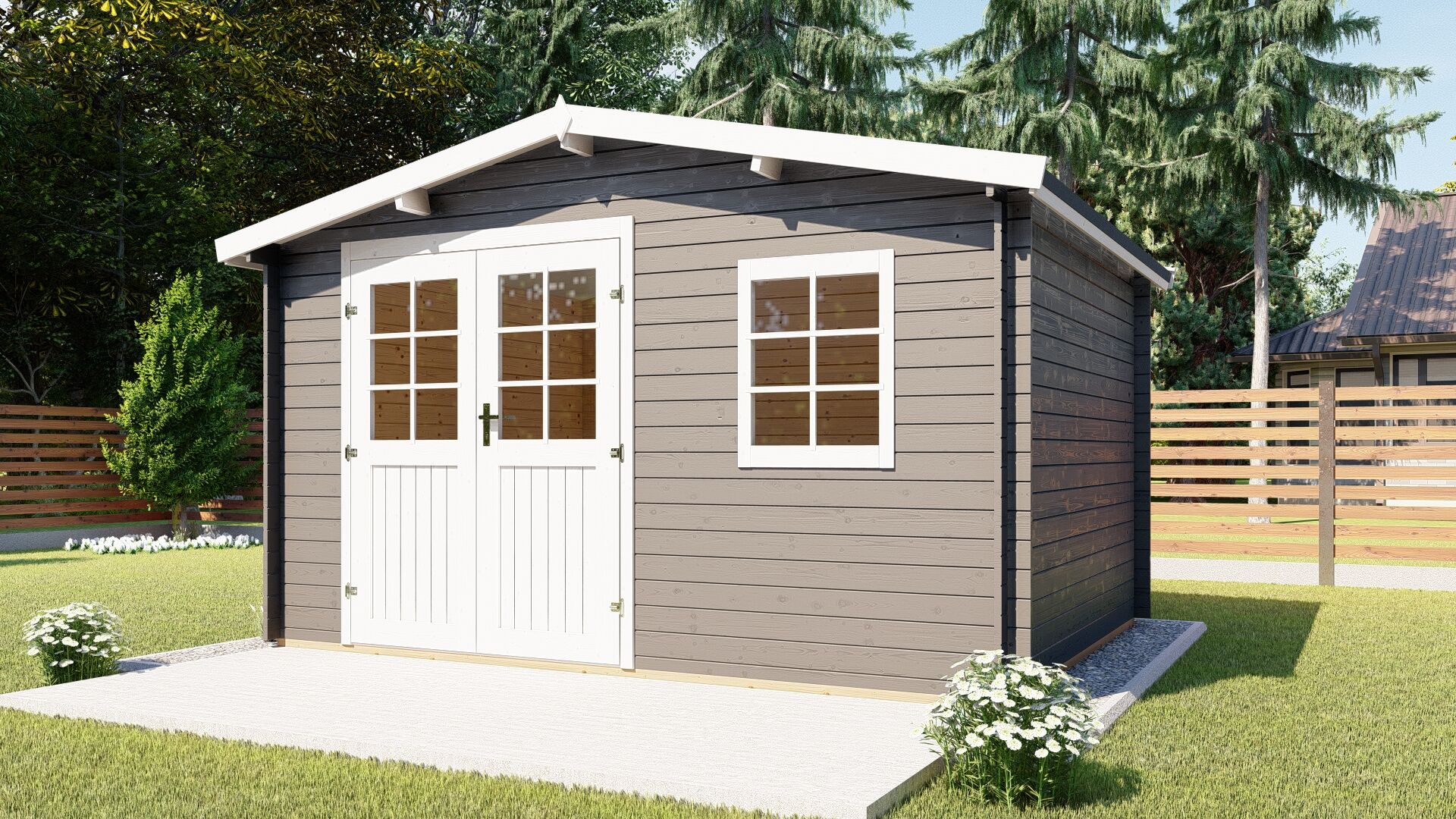 Kompaktes Holz-Gartenhaus mit Satteldach und 28 mm Blockbohlen im Garten