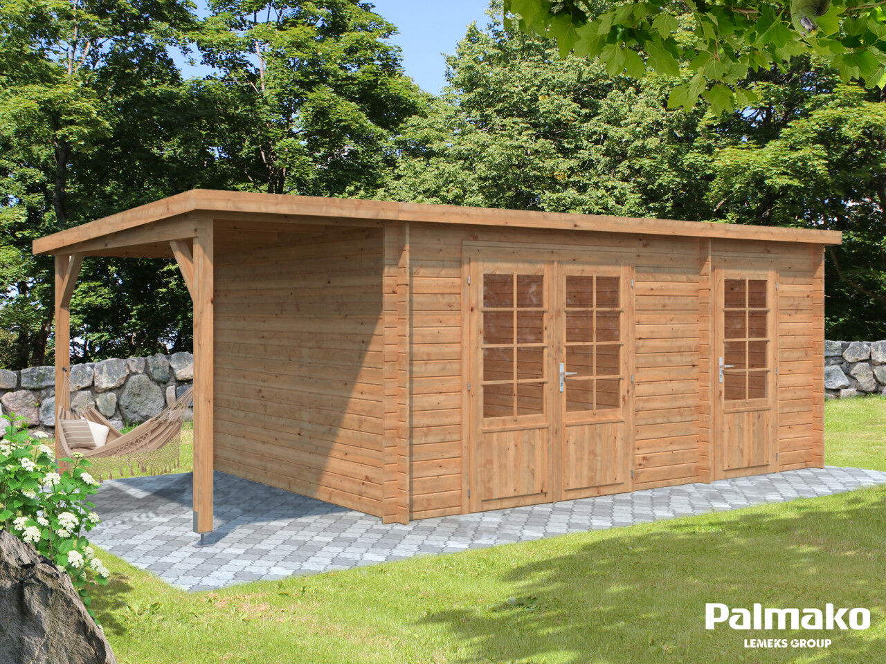 Flachdach Palmako Gartenhaus Ella 13,1+3,9 m²