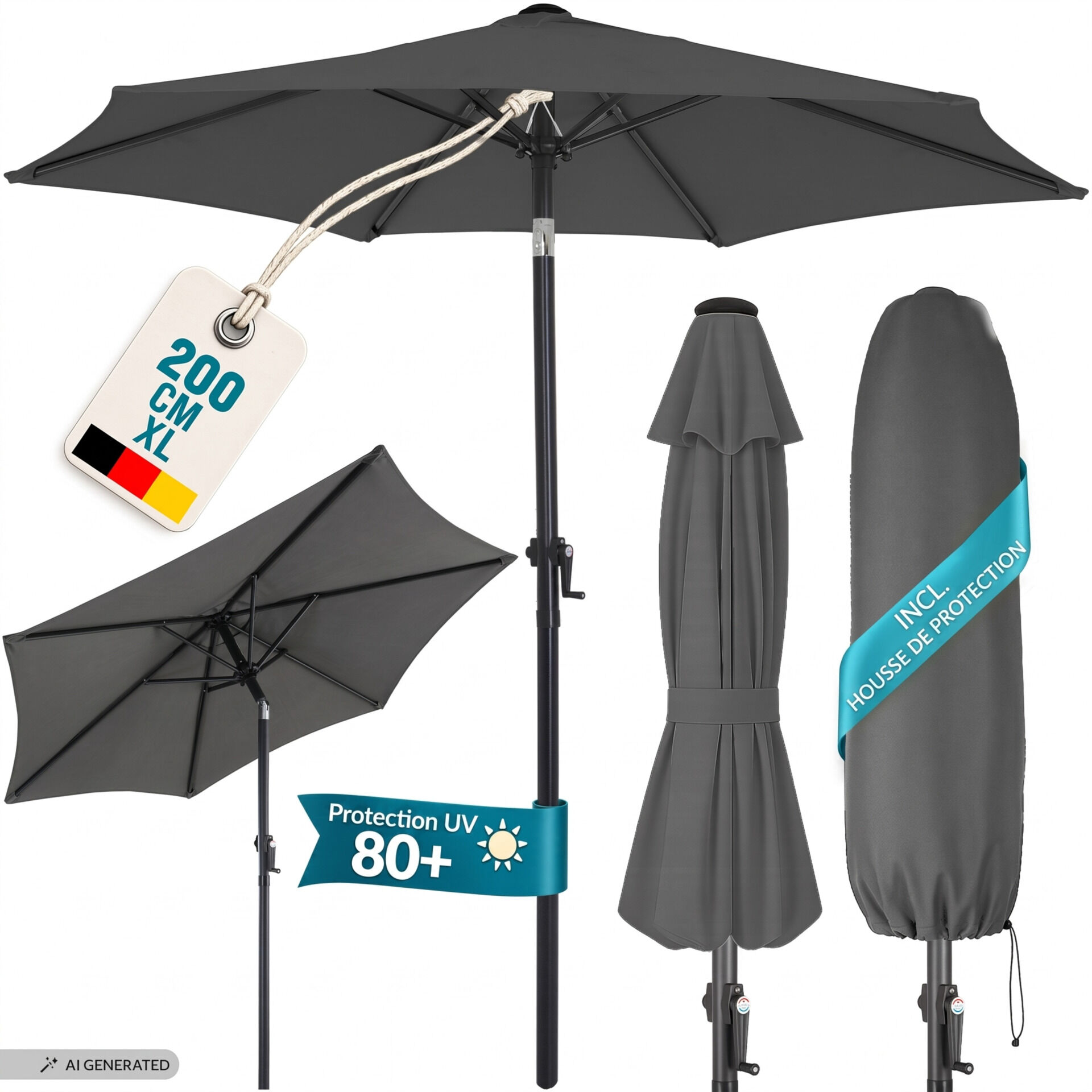 Sonnenschirm Fiji Anthrazit Ø200cm UV-Schutz 80+ mit Kurbel