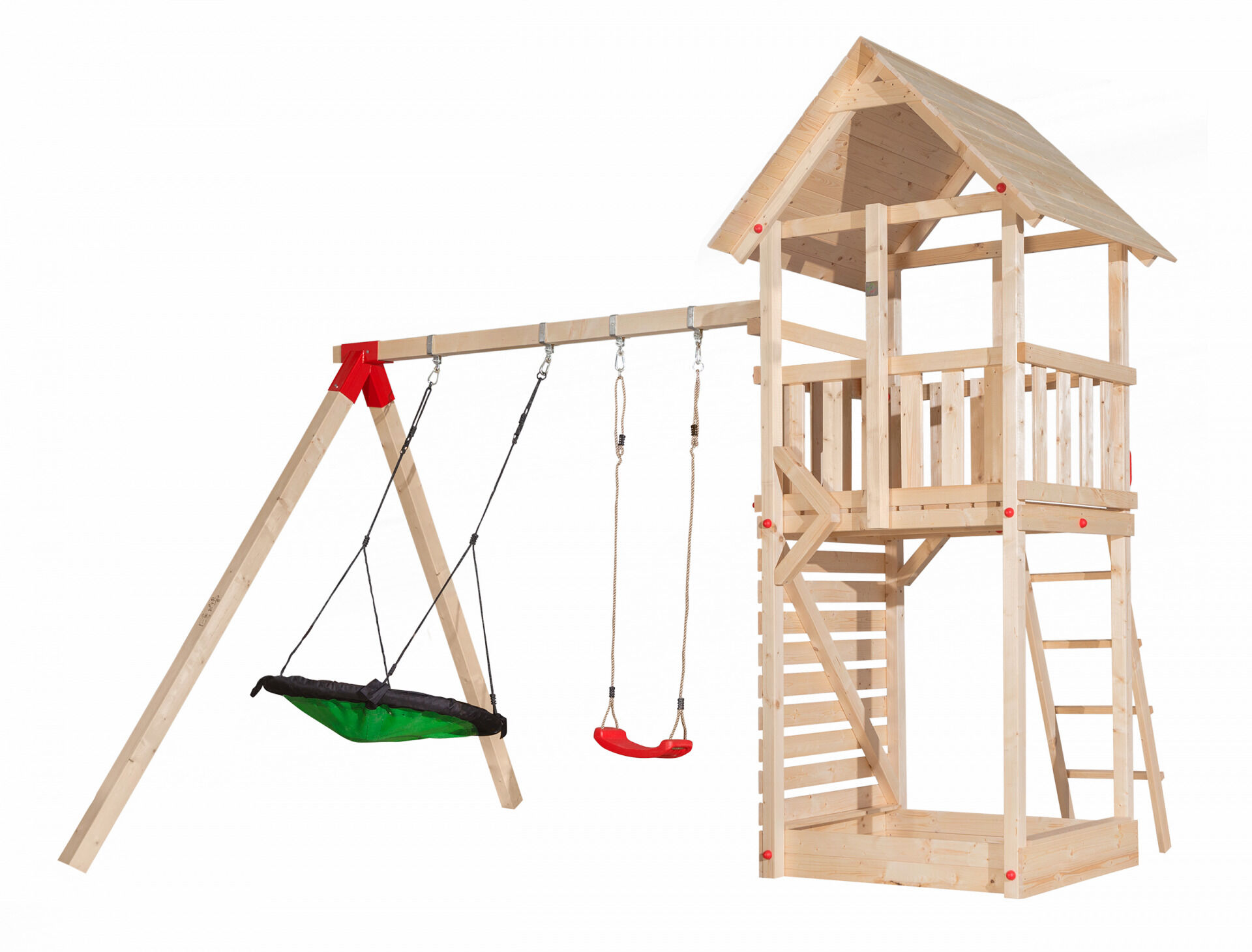 Tabaluga Drachenturm mit Satteldach, natur, Sparset inkl. Anbauschaukel mit Nestschaukel, grün-schwarzer Bezug, Einzelschaukel, Sandkasten