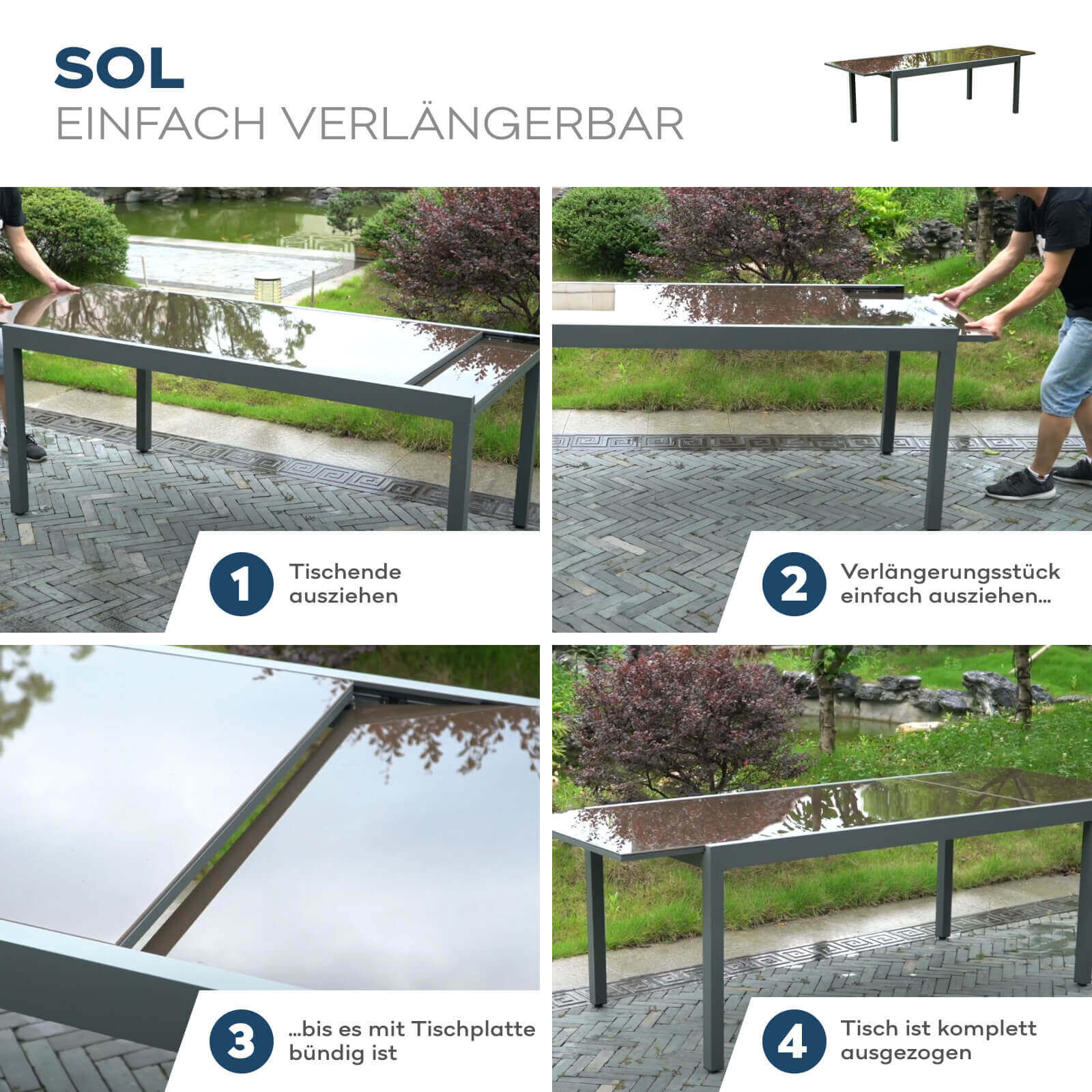 Gartentisch ausziehbar aus Glas SOL - 180/240 x 90 cm