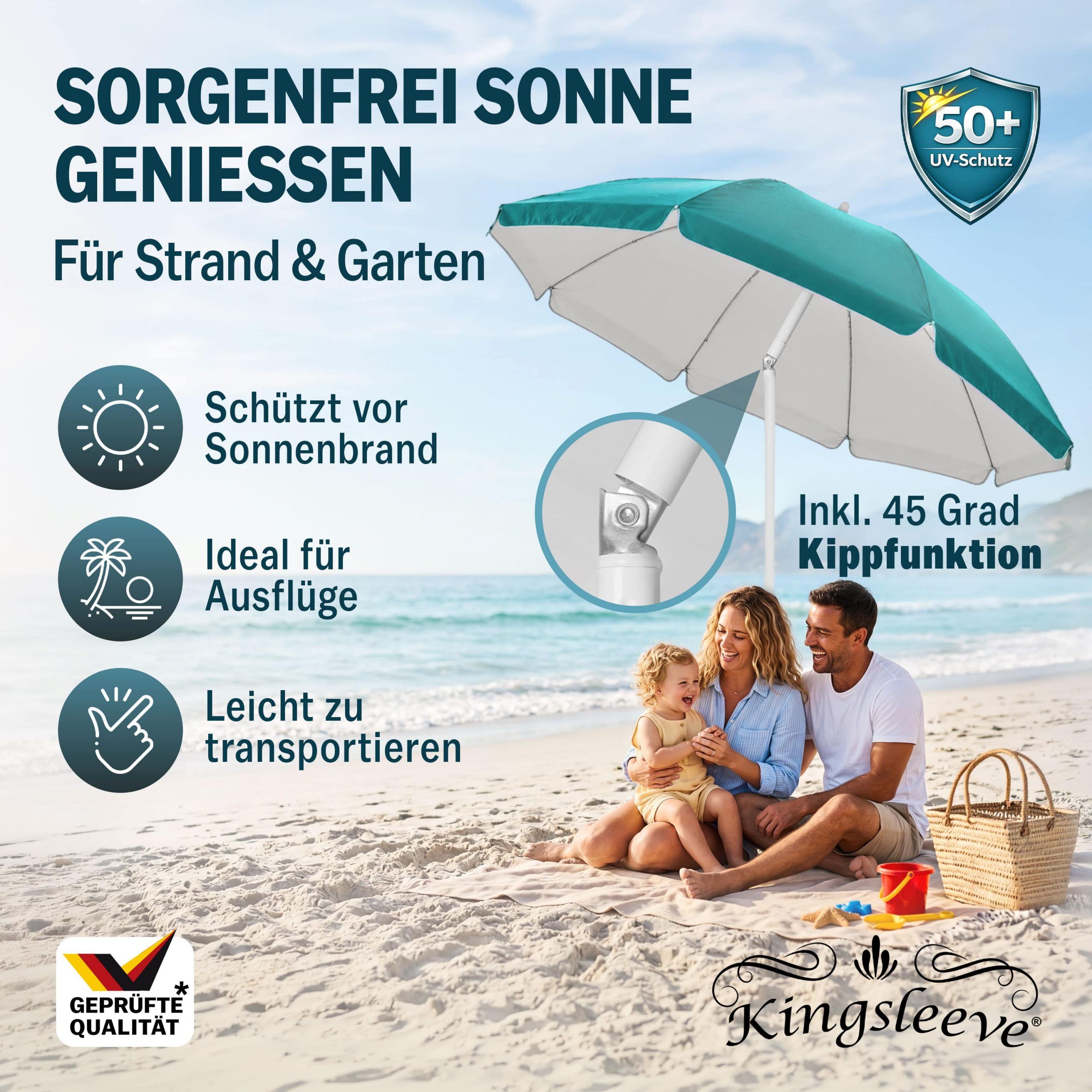 Sonnenschirm Cyprus Türkis 180cm UV-Schutz 50+ Neigefunktion