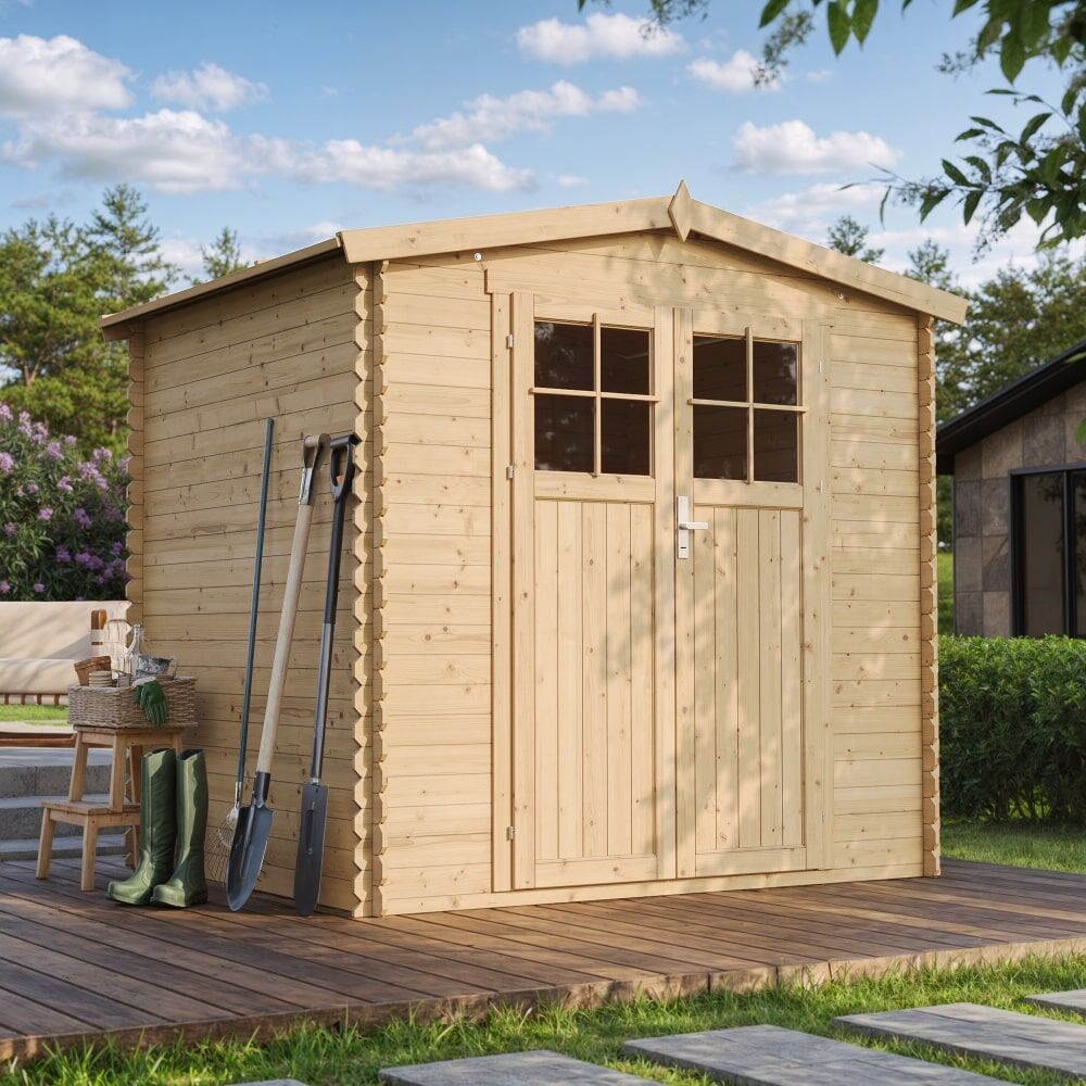 Gartenhaus Anton M369F frontale und seitliche Ansicht links mit Ambiente