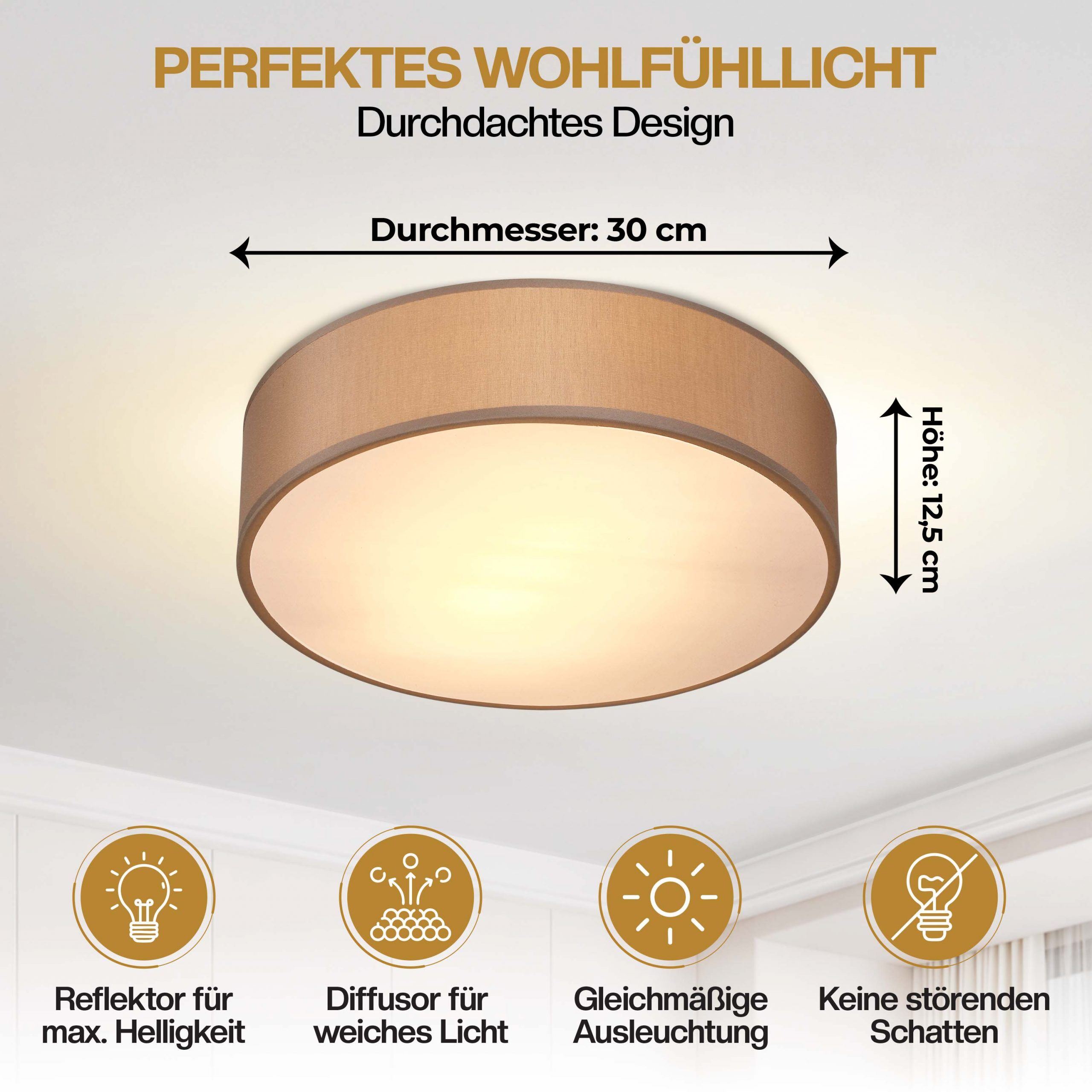 Deckenlampe Taupe Stoff Ø30cm