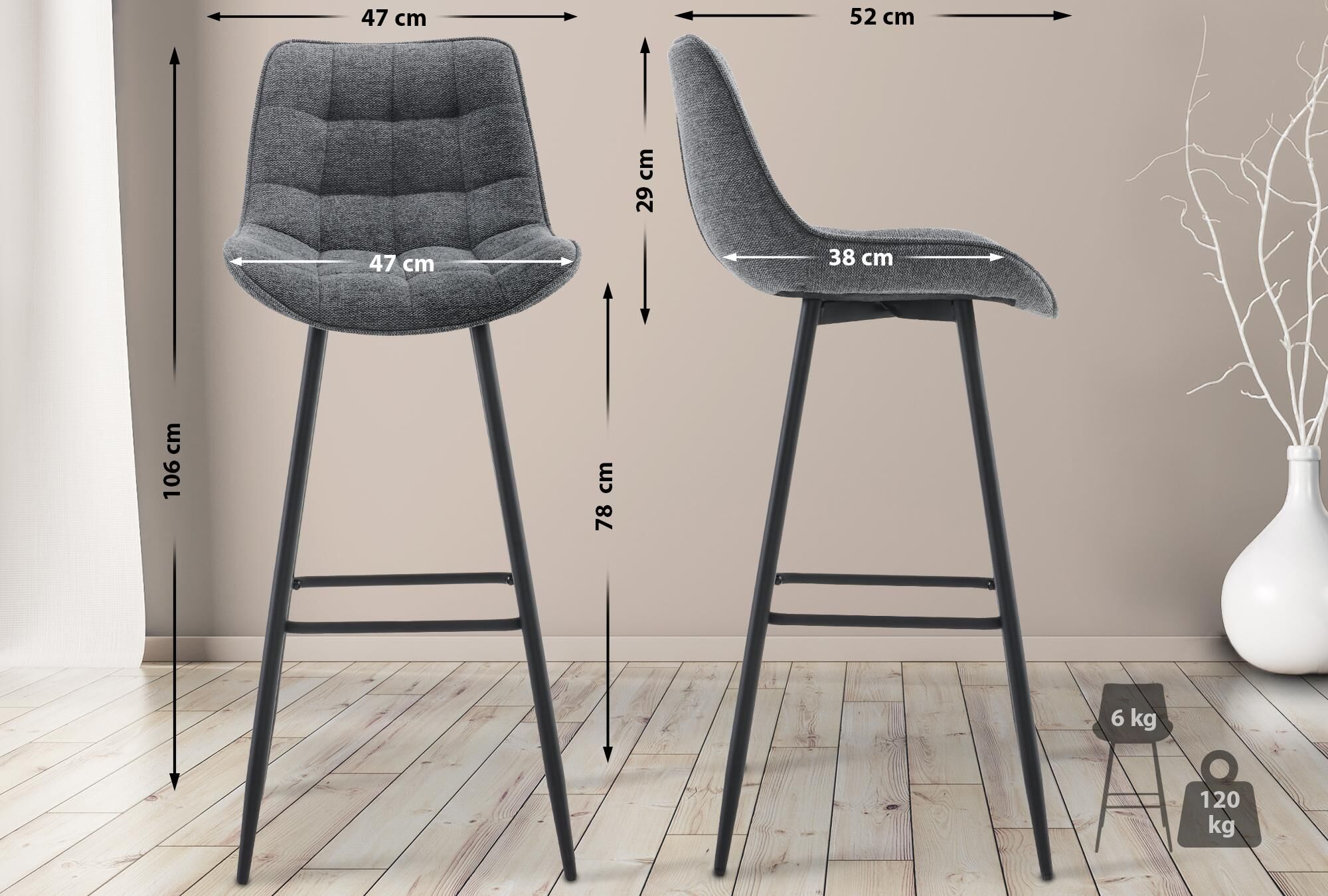 2er Set Barhocker Dartford Stoff, dunkelgrau