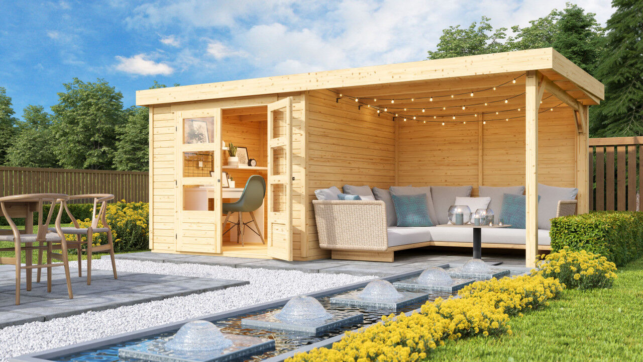 Flachdach Gartenhaus Askola 3,5 im Set mit Anbaudach 2,80 m und 19 mm Rückwand natur