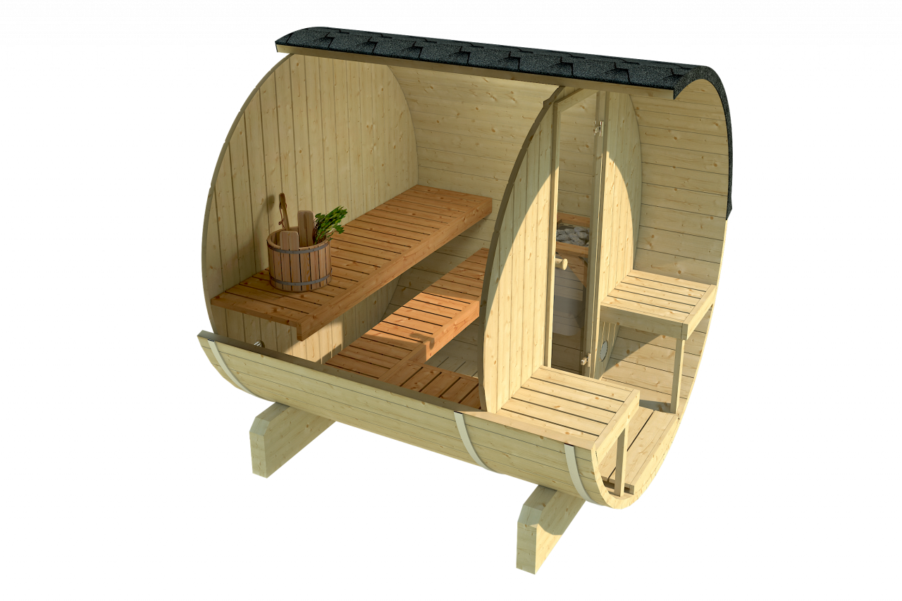 Finn Art Fass-Sauna Alvi Innenansicht, Holzbänke, Wasserkübel und Aufgusskelle