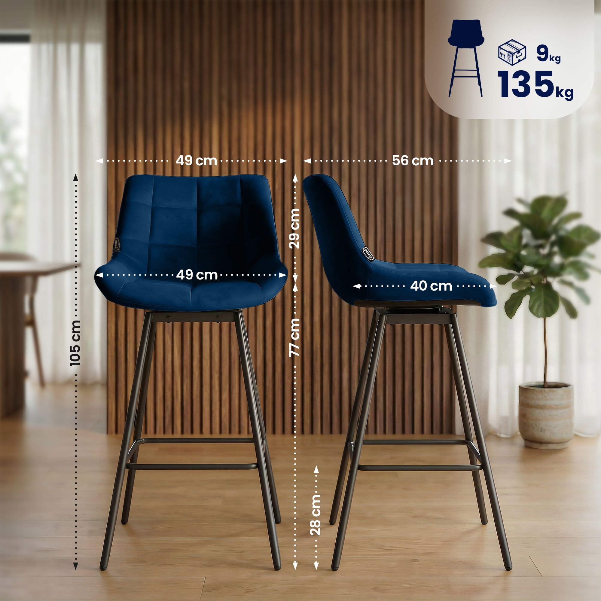 4er Set Barhocker Weston Schwenkbar Samt, blau