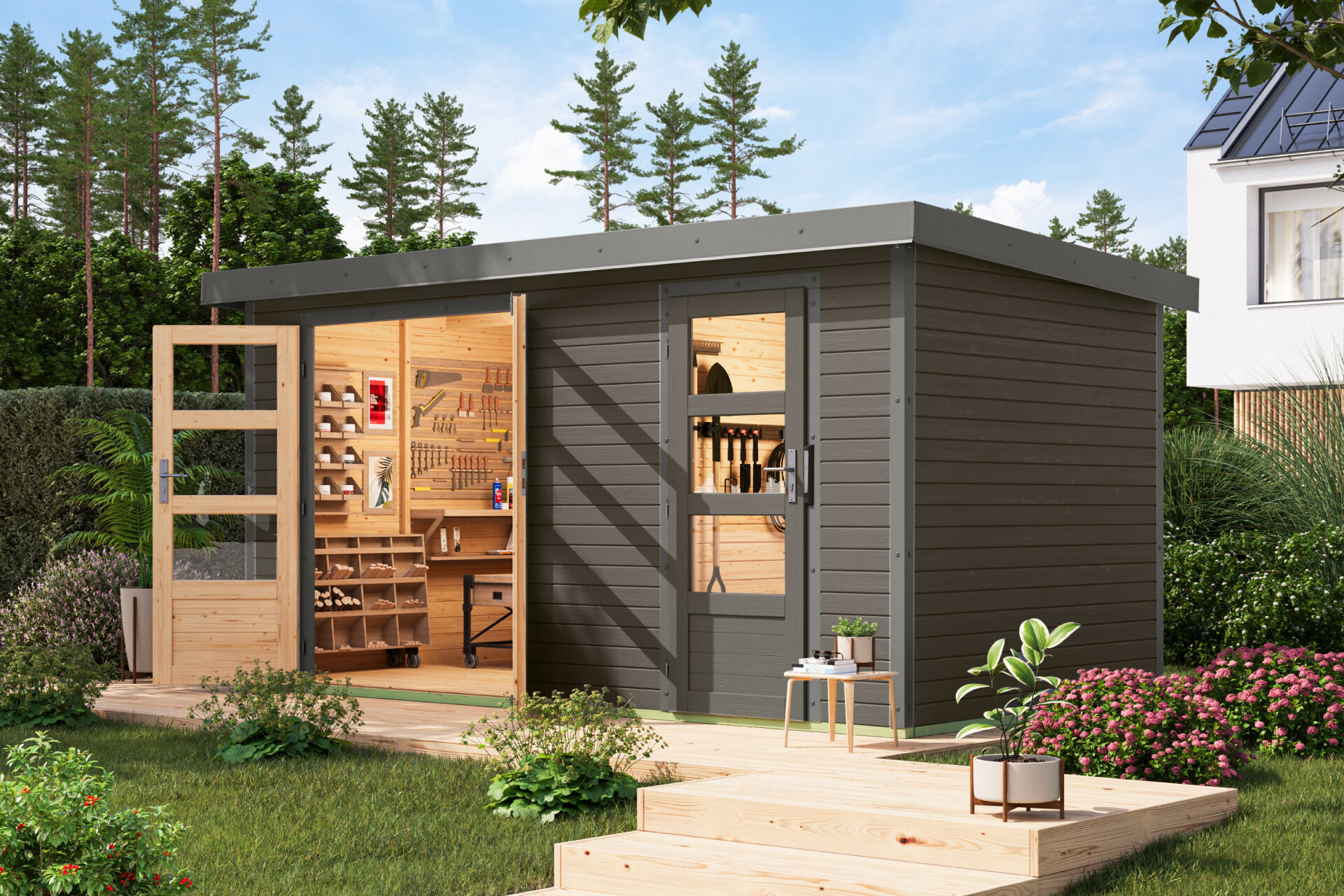 Karibu Pultdach Holz & Metall Gartenhaus Merkur, naturbelassen / graualuminium