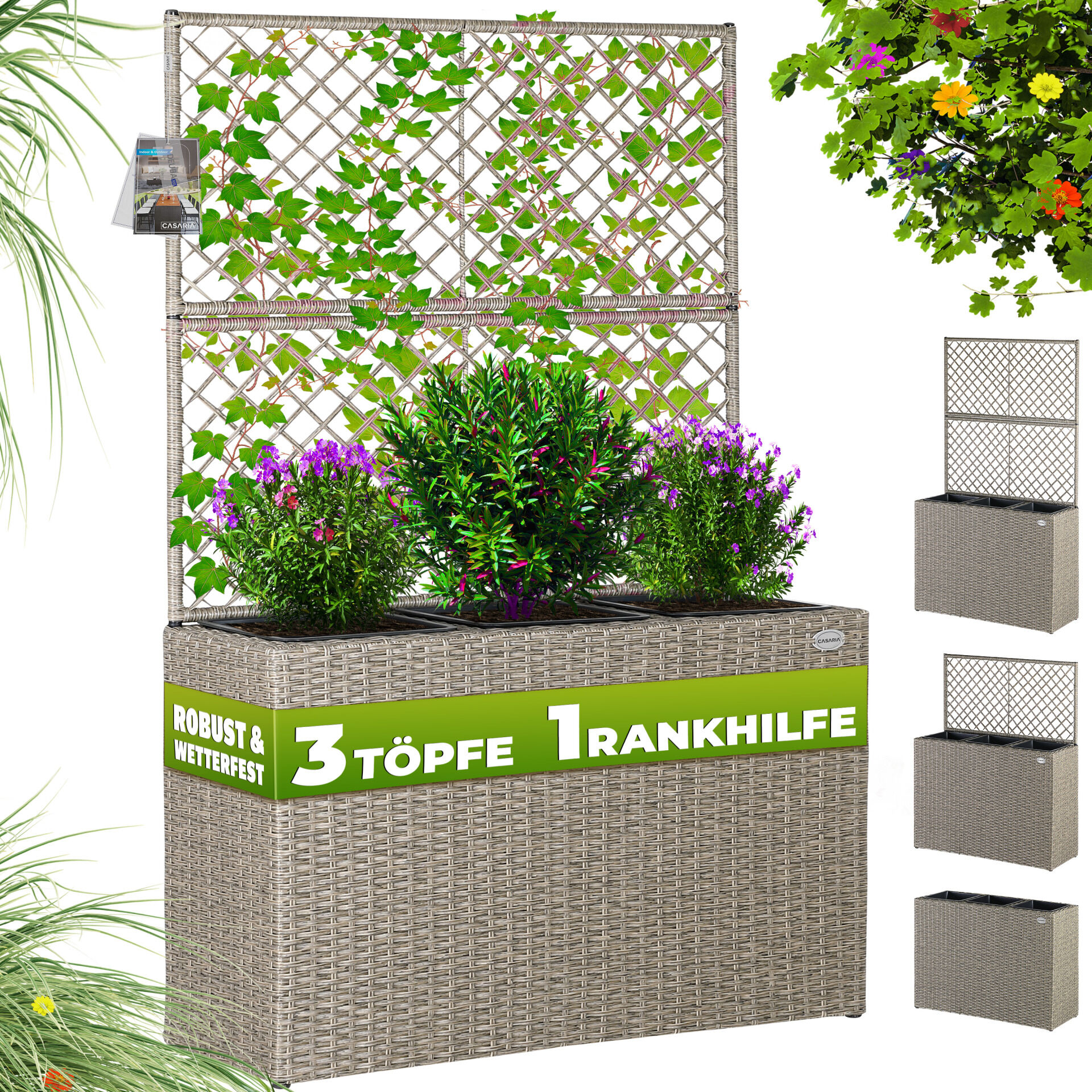 Polyrattan Blumenkasten mit Rankgitter Creme