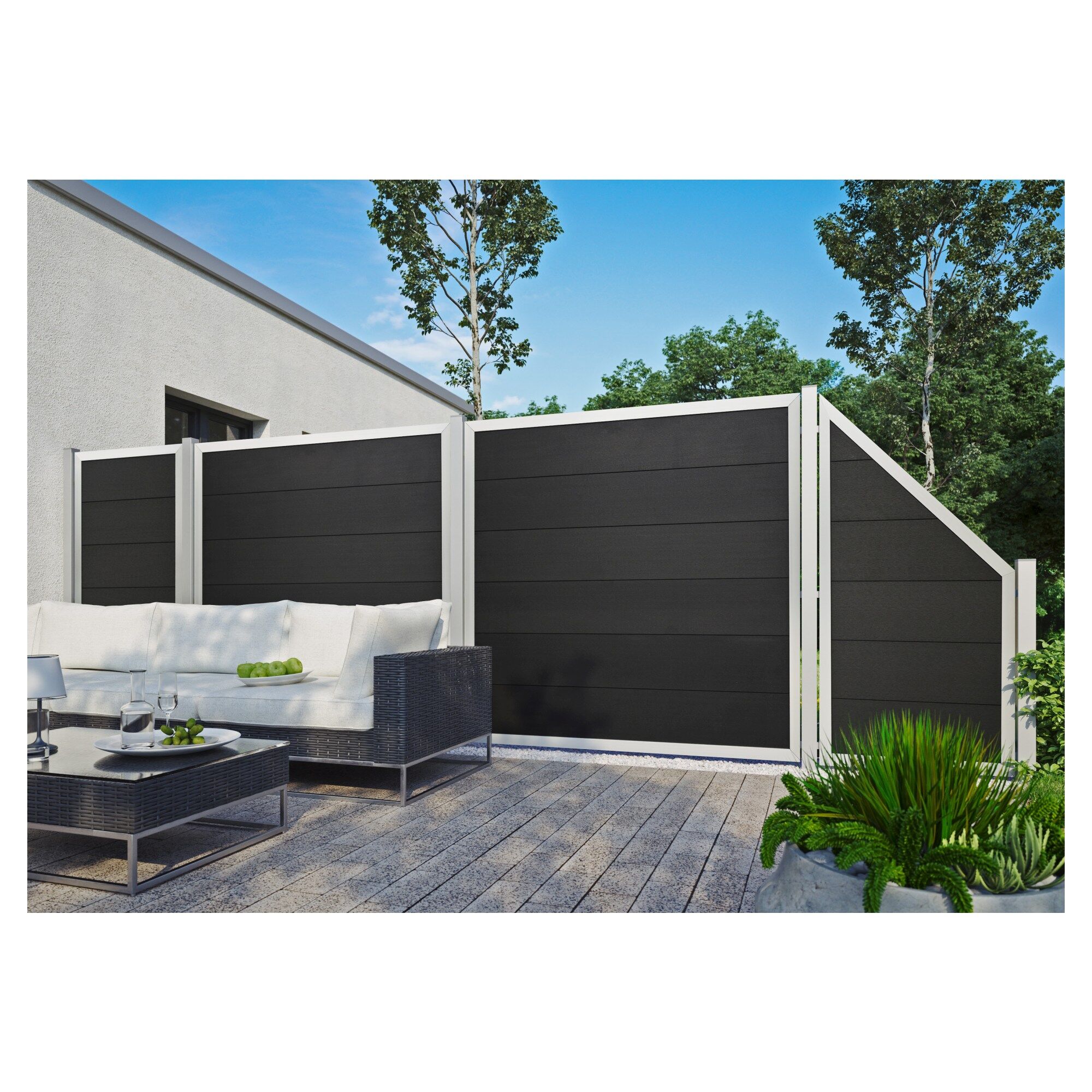 MALÖ-Serie anthrazit, 180 x 180 cm, WPC-Zaun, ALU-Rahmen silber