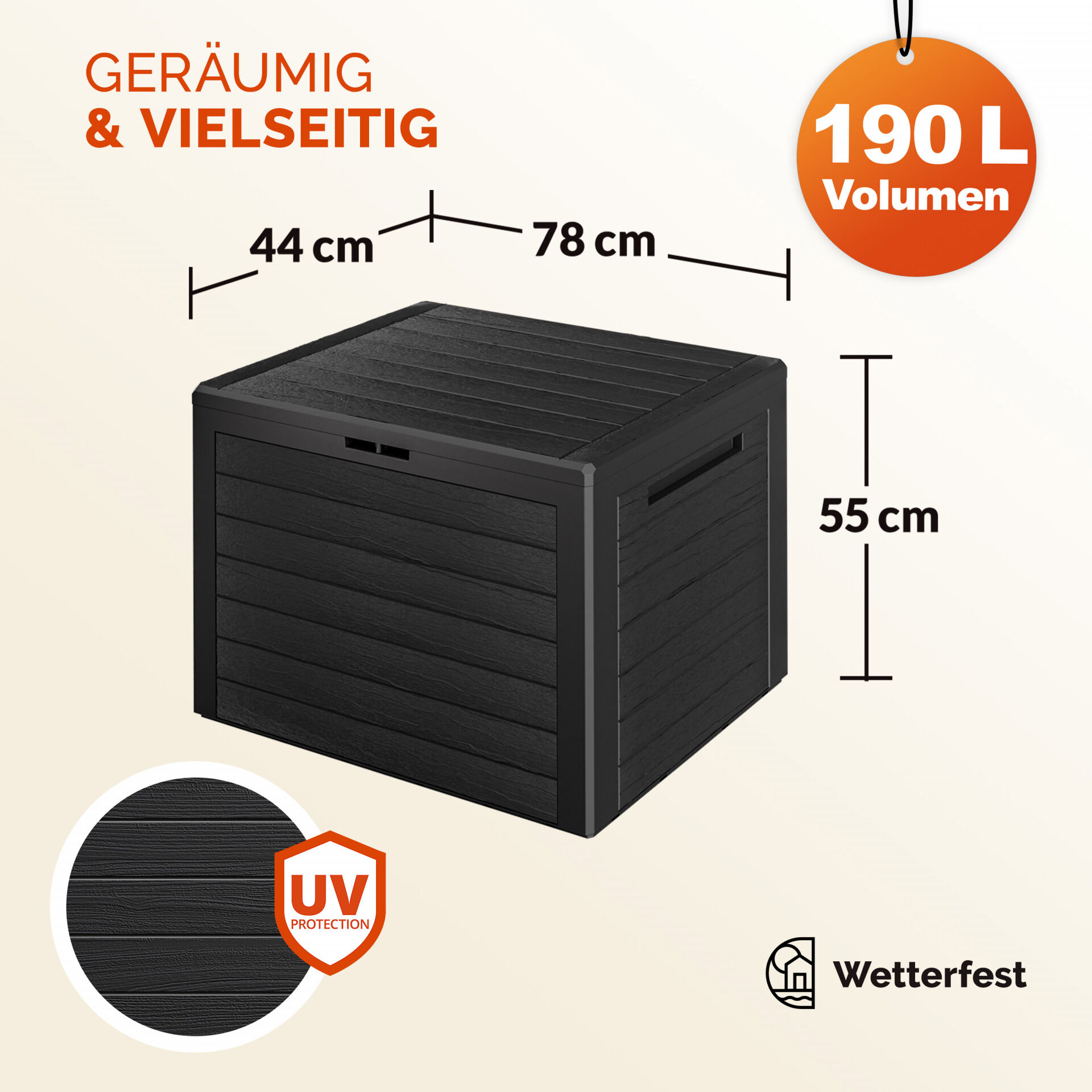 Gartenbox Lille 190L Anthrazit in Holzoptik wetterfest abschließbar