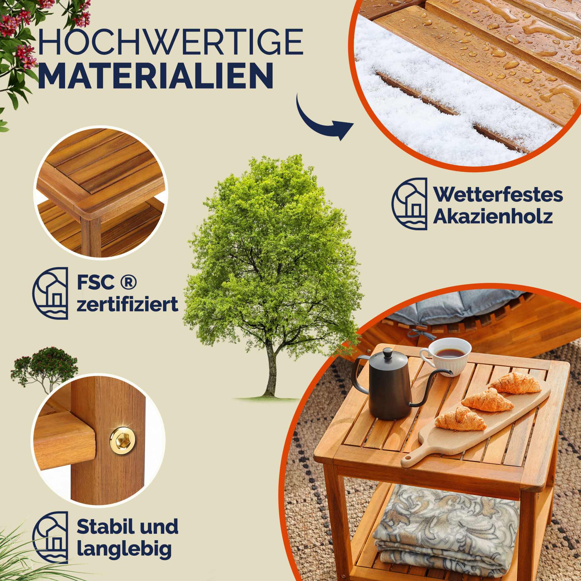 Gartentisch Beistelltisch Akazienholz 45x45x45cm robust bis 80kg 2 Ablagen