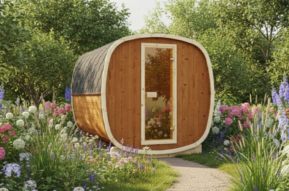 Fasssauna Quadro Elva L mit Holzofen nordisches Holz Sauna Garten