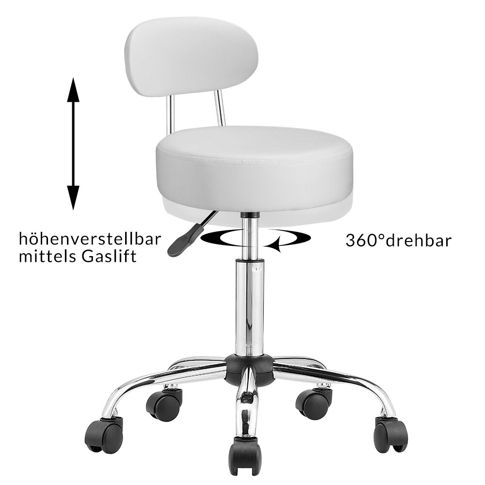 Rollhocker Weiß 360° drehbar mit Rückenlehne