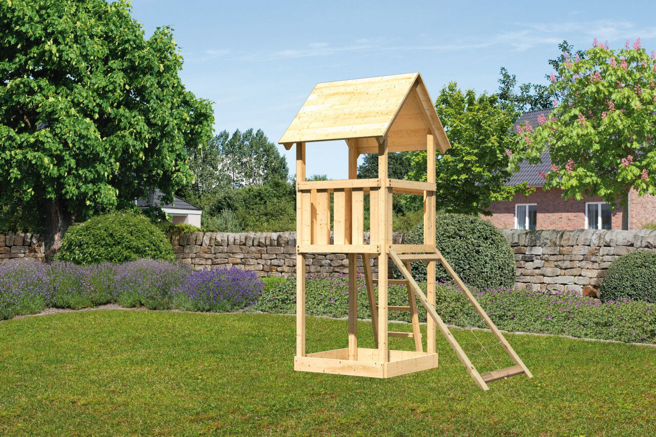 Kinderspielturm Lotti Satteldach SET natur mit Netzrampe