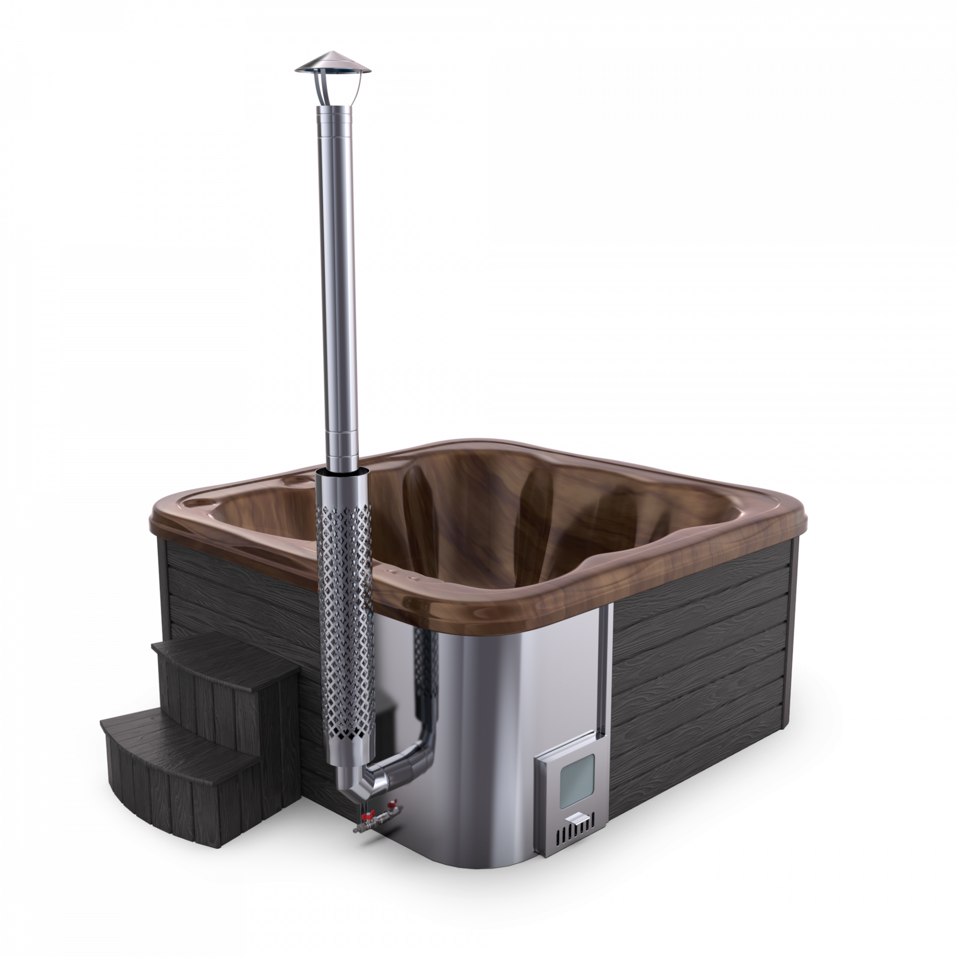 SPANOVA Hot Tub Premium 220 – WPC Whirlpool mit integriertem Holzofen & Acrylwanne, Weiß marmoriert, Holzofen - 35kw V2A