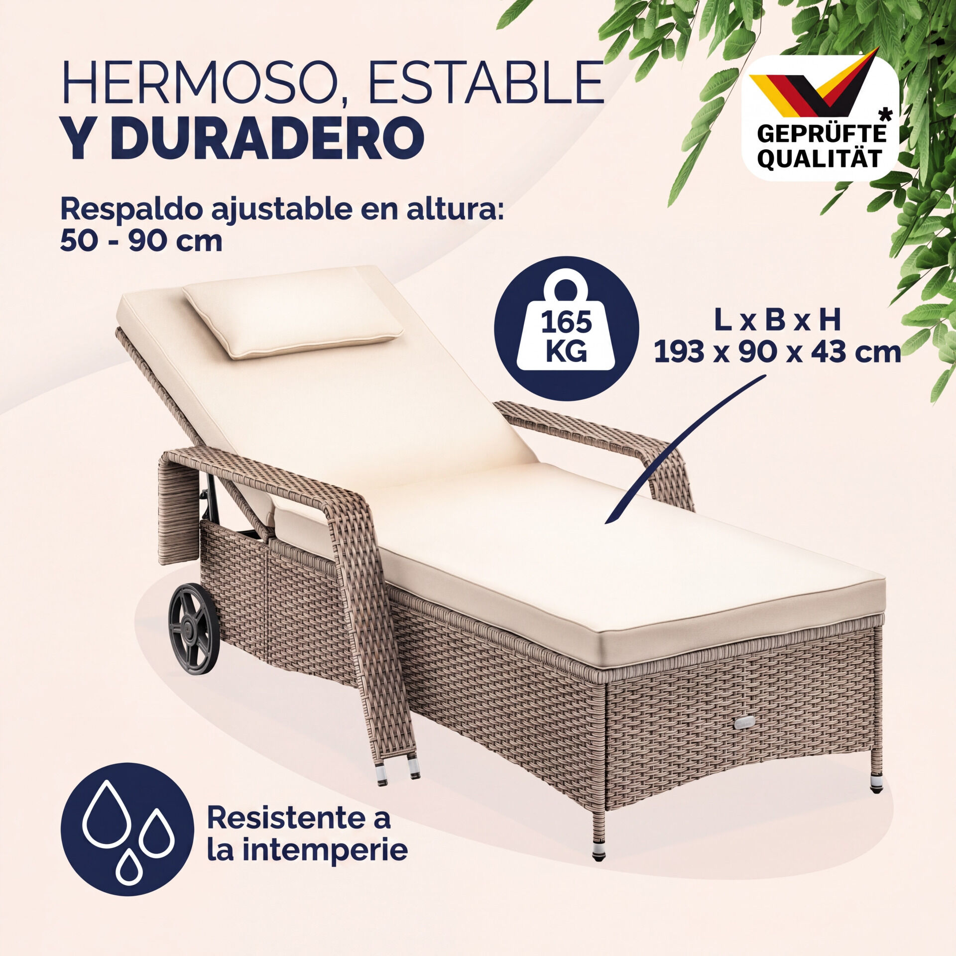 Polyrattan Gartenliege Creme/Creme 193x90x43cm