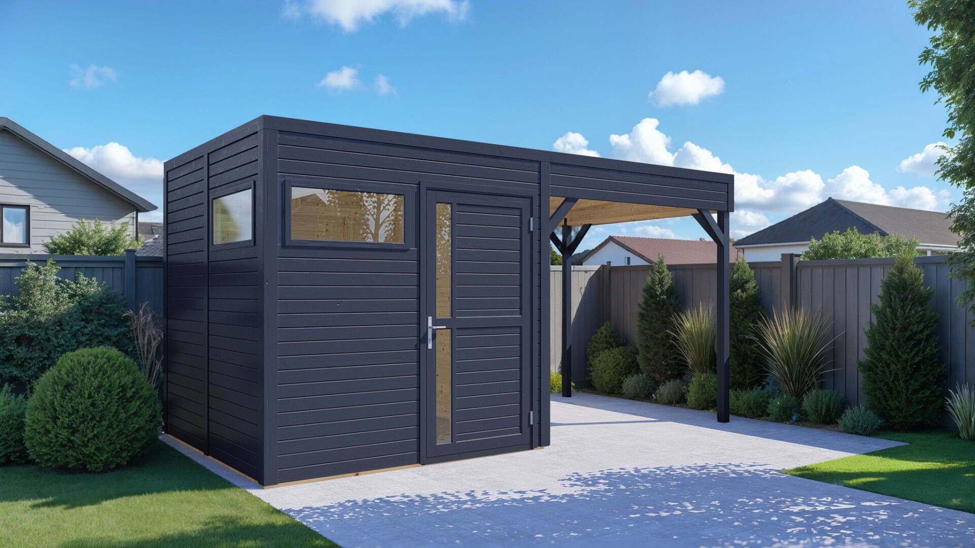 Modernes Gartenhaus mit Lounge & Flachdach – Cubus 2 Anthrazit 449 x 234 cm