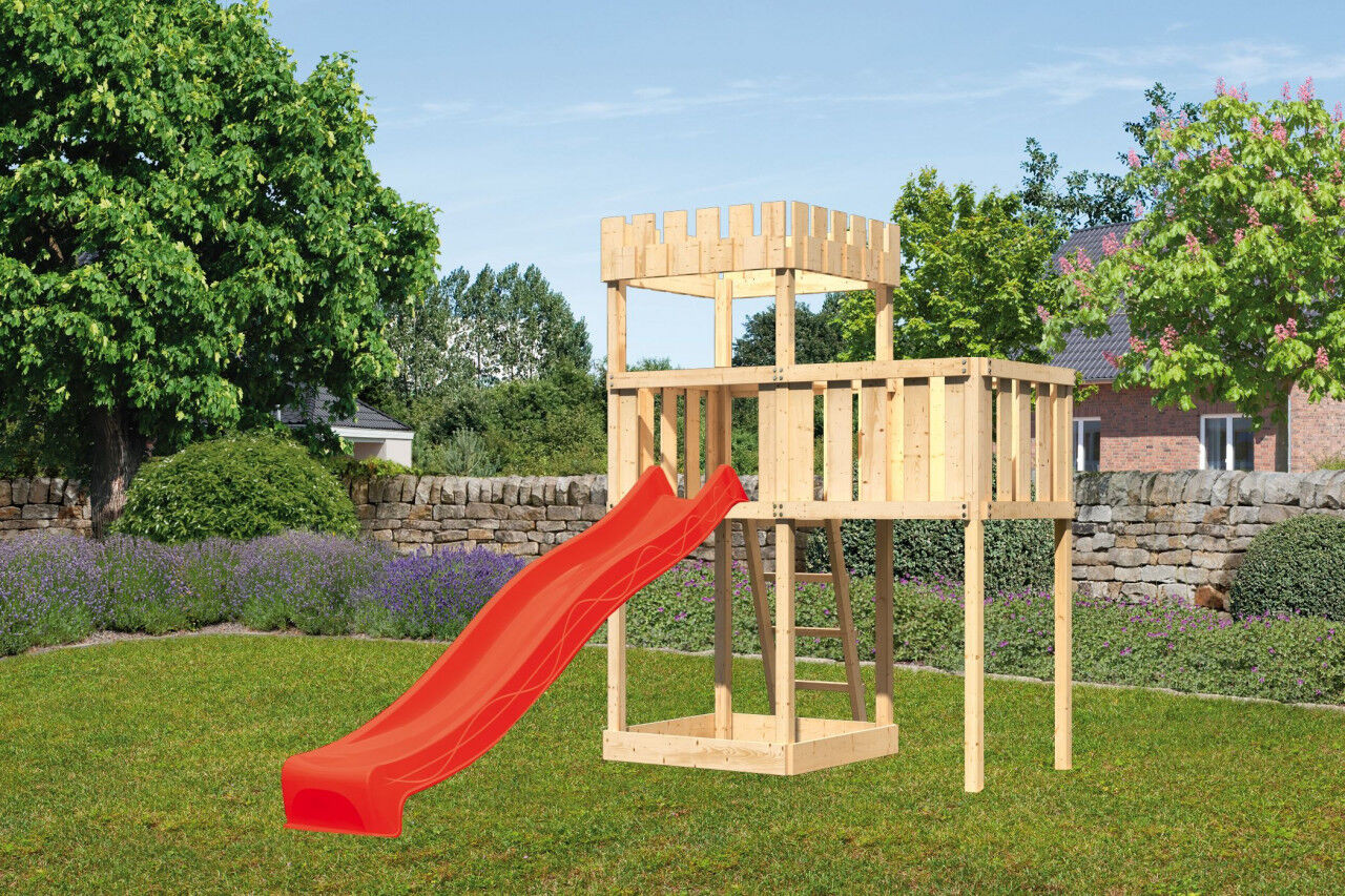 Spielturm Ritterburg Löwenherz SET natur mit Anbauplattform und Rutsche rot