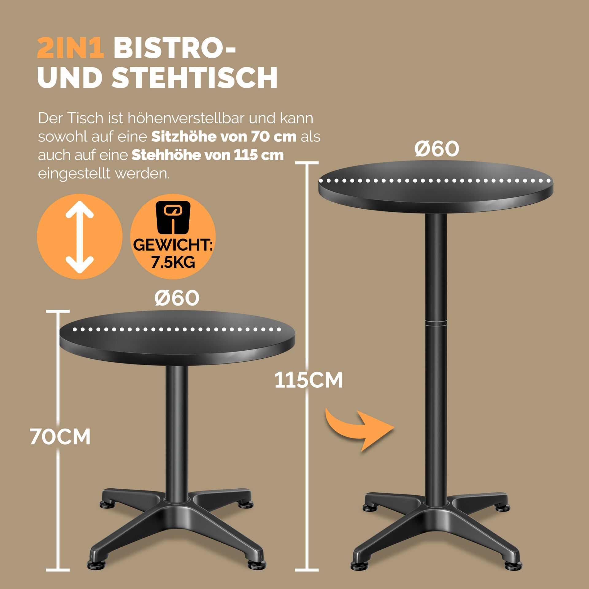 Stehtisch Ø60cm höhenverstellbar 70/115cm Alu Schwarz