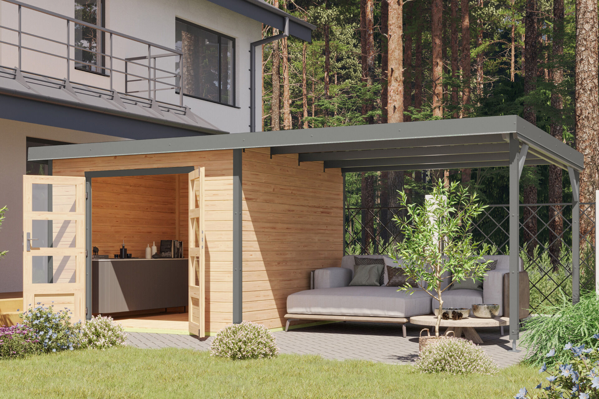 Karibu Pultdach Holz & Metall Gartenhaus Pluto 6 Set mit Anbaudach 3,07 m