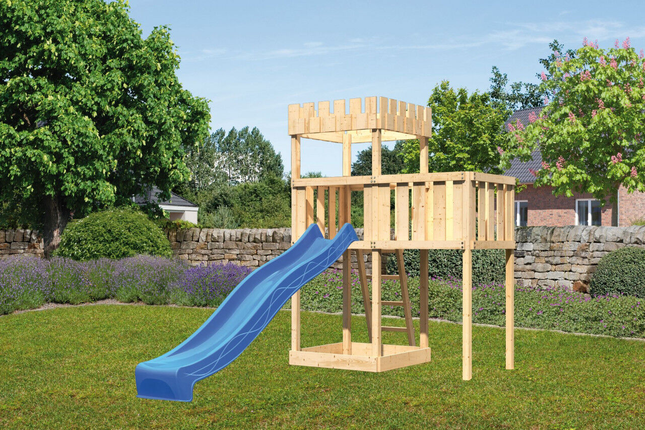 Spielturm Ritterburg Löwenherz SET natur mit Anbauplattform und Rutsche blau