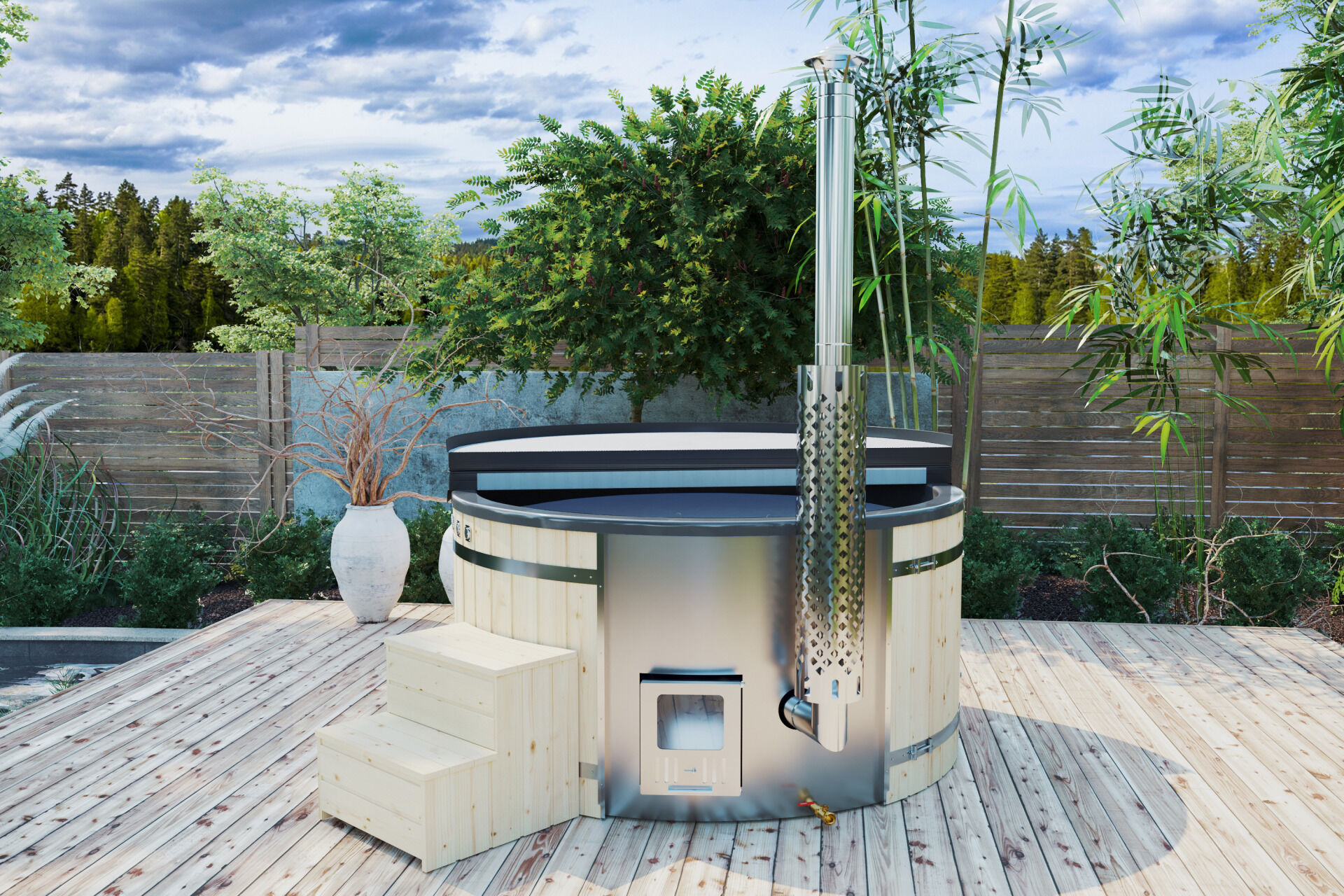 Badefass Prestige rund Fichte mit integriertem Holzofen, grauem Einsatz, Treppe, Iso-Deckel auf Terrasse