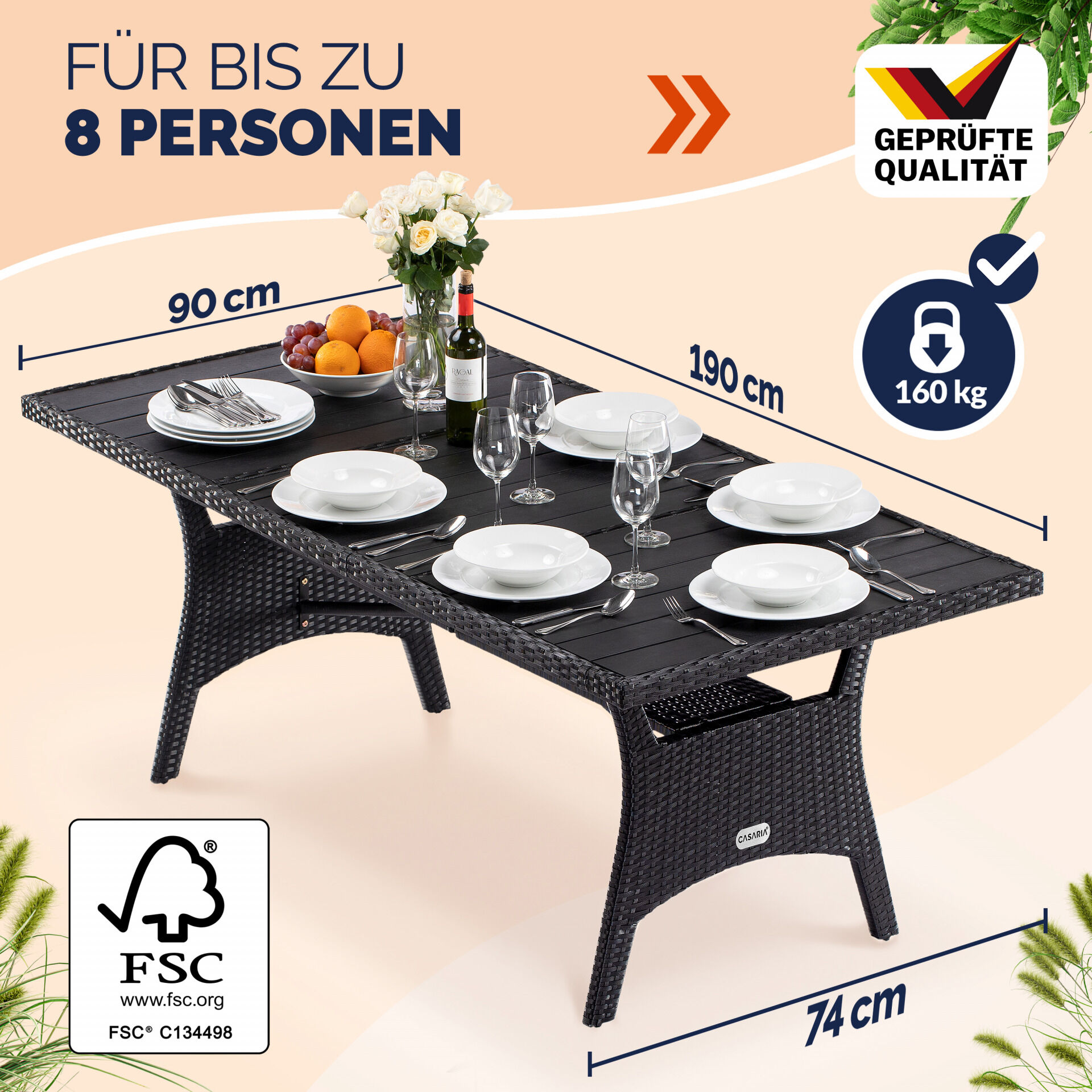 Polyrattan Gartentisch Takeo Schwarz 190x90x75cm WPC