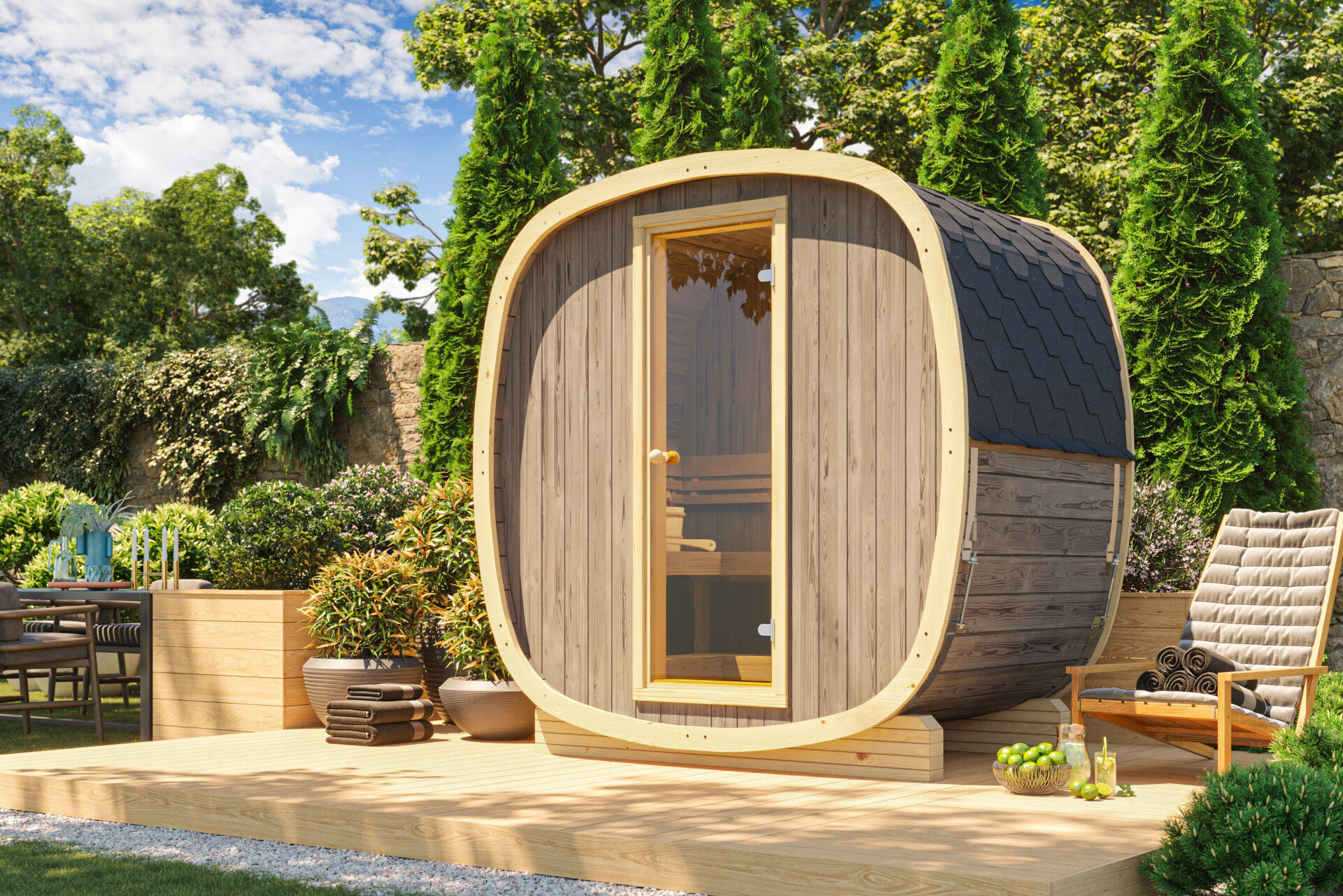 Finn Art Fasssauna Quadro 130 Standard, Thermoholz mit Glastür auf Terrasse