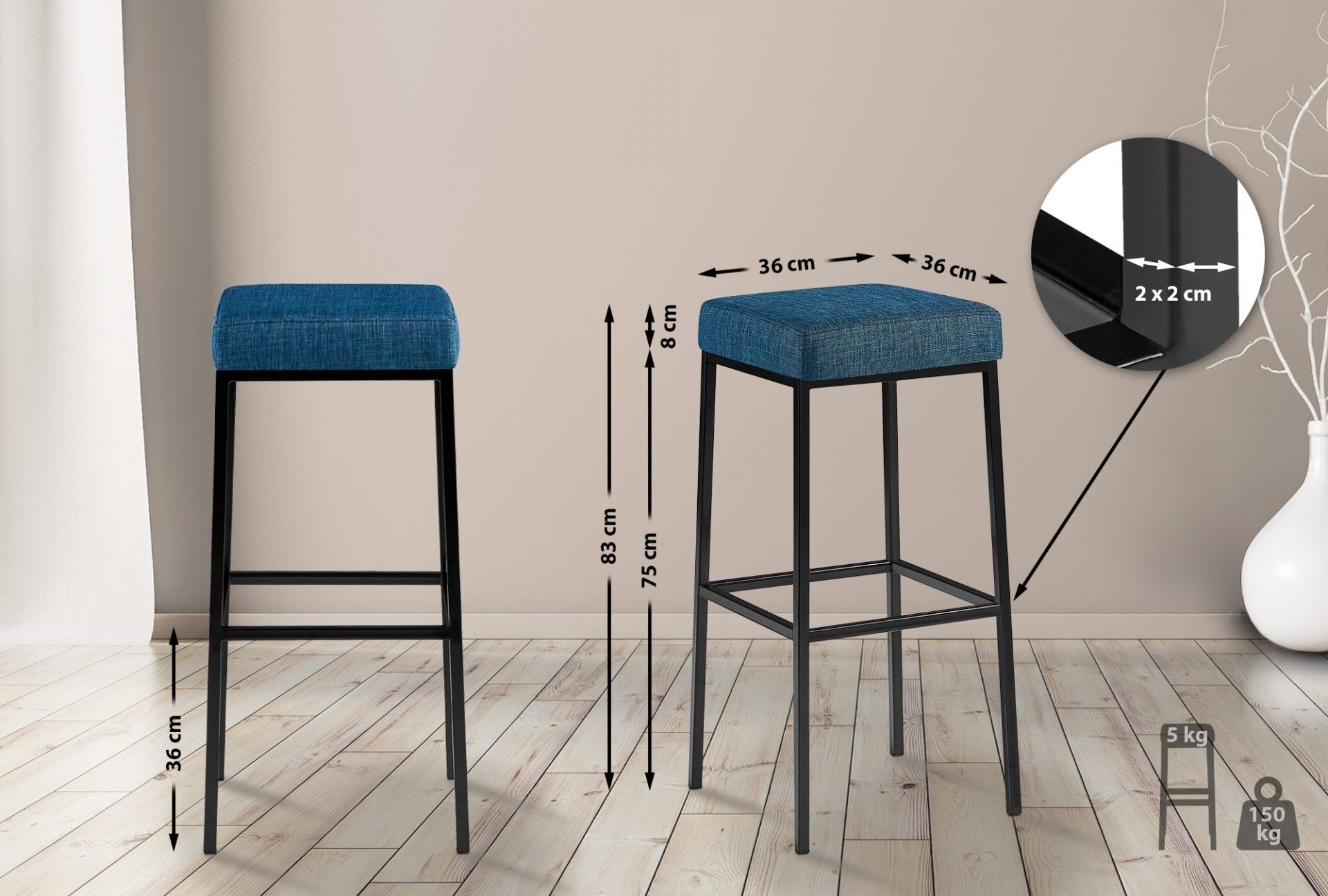 2er Set Barhocker Montreal 85 Stoff schwarz, blau