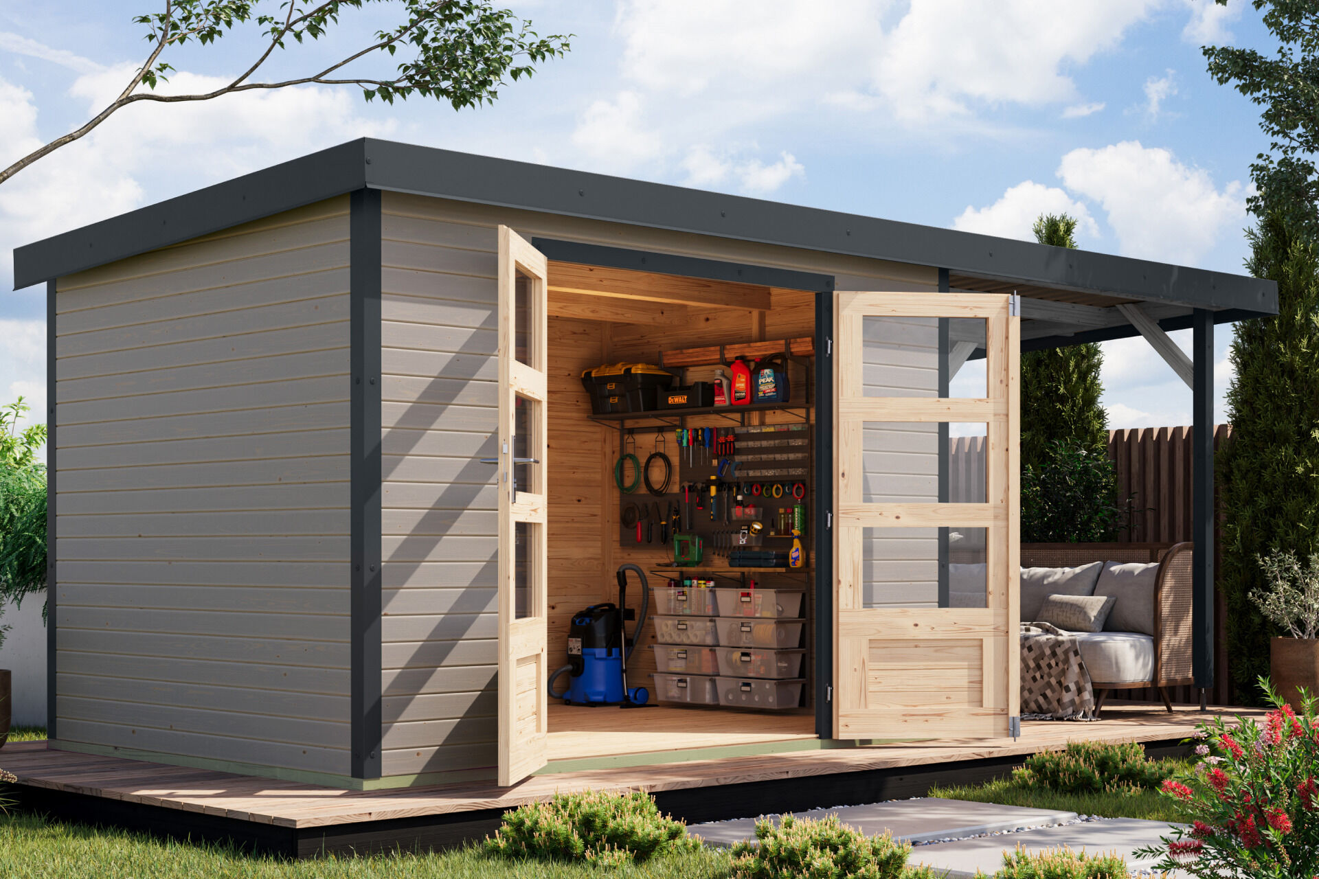 Karibu Pultdach Holz & Metall Gartenhaus Jupiter 4 Set mit Anbaudach 2,35 m, naturbelassen / graualuminium