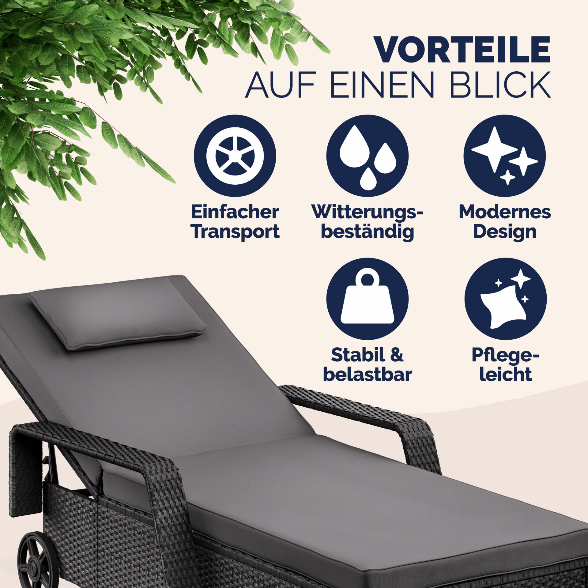 Polyrattan Gartenliege Schwarz/Anthrazit 193x90x43cm