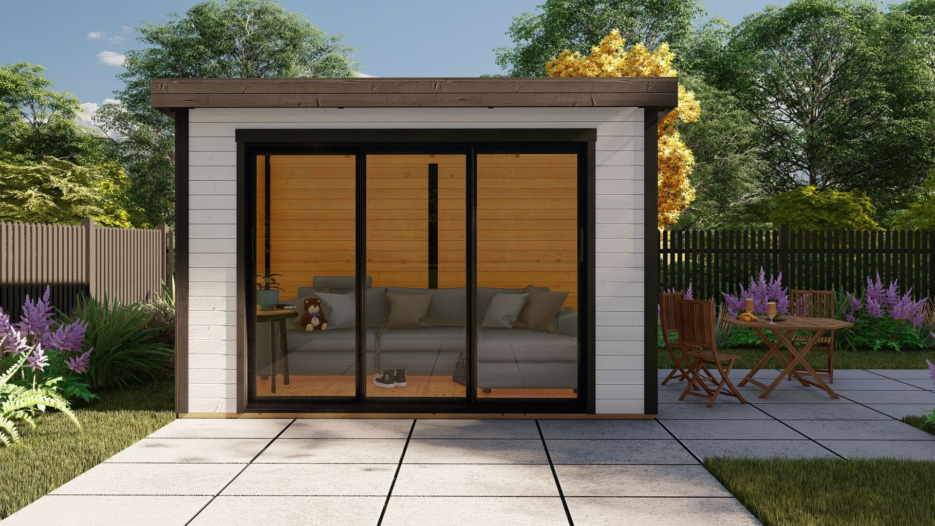 28 mm Flachdach Holz Gartenhaus modern Sydney 54 mit Schiebetür