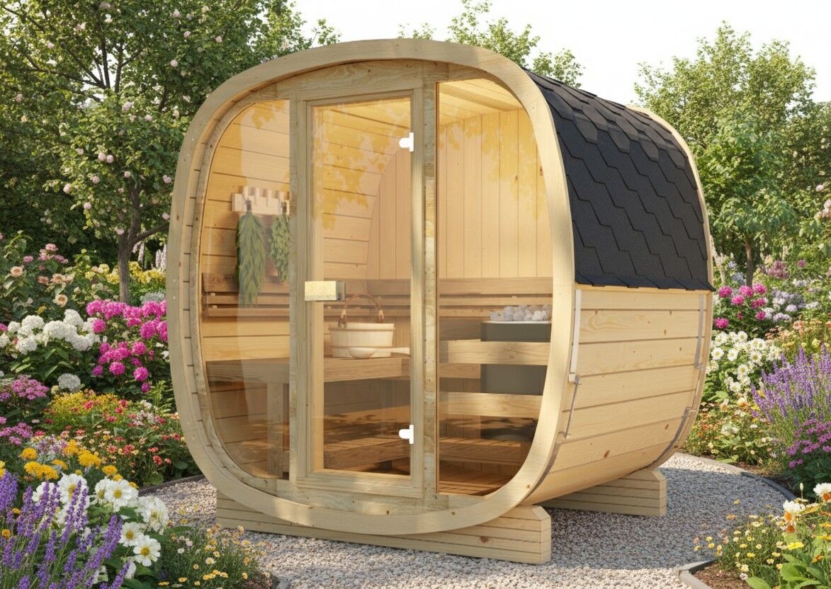 Fasssauna Quadro 160 Vollglas Front Fichte Outdoor Sauna Garten