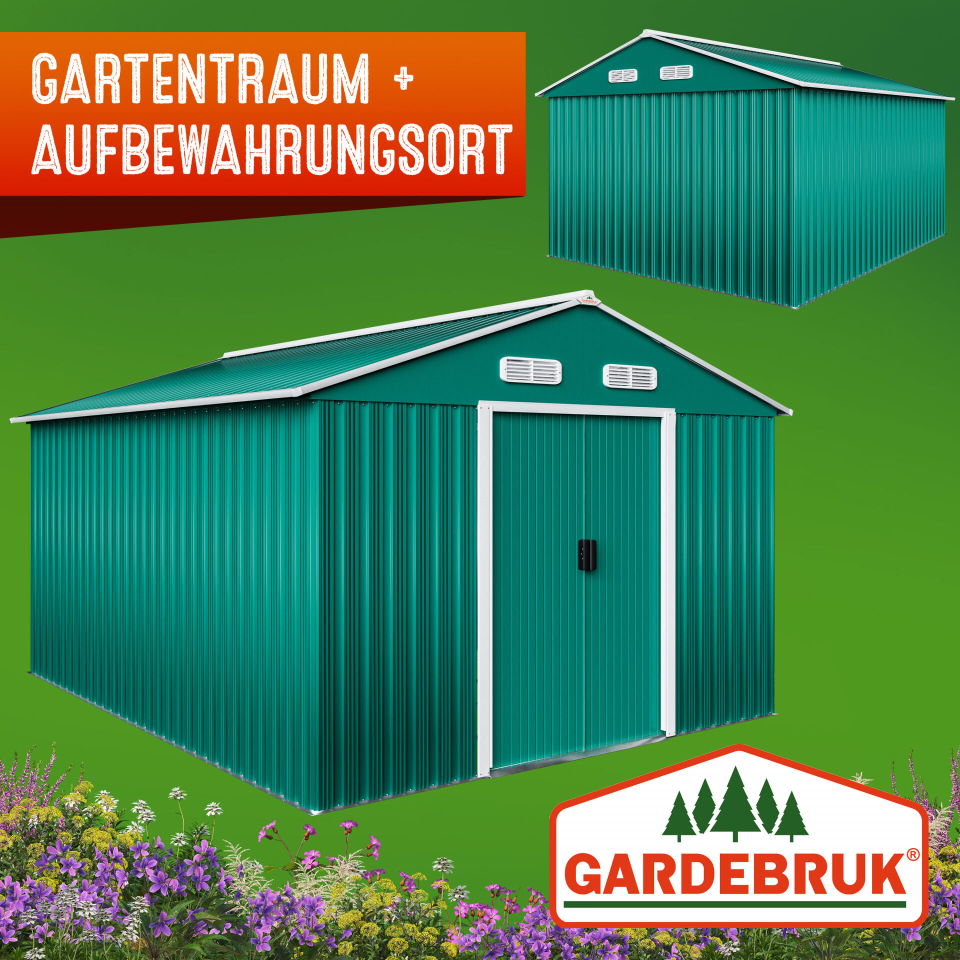 Geräteschuppen Grün 260x315x180cm Metall 15m³ Stauraum verzinkter Bodenkranz