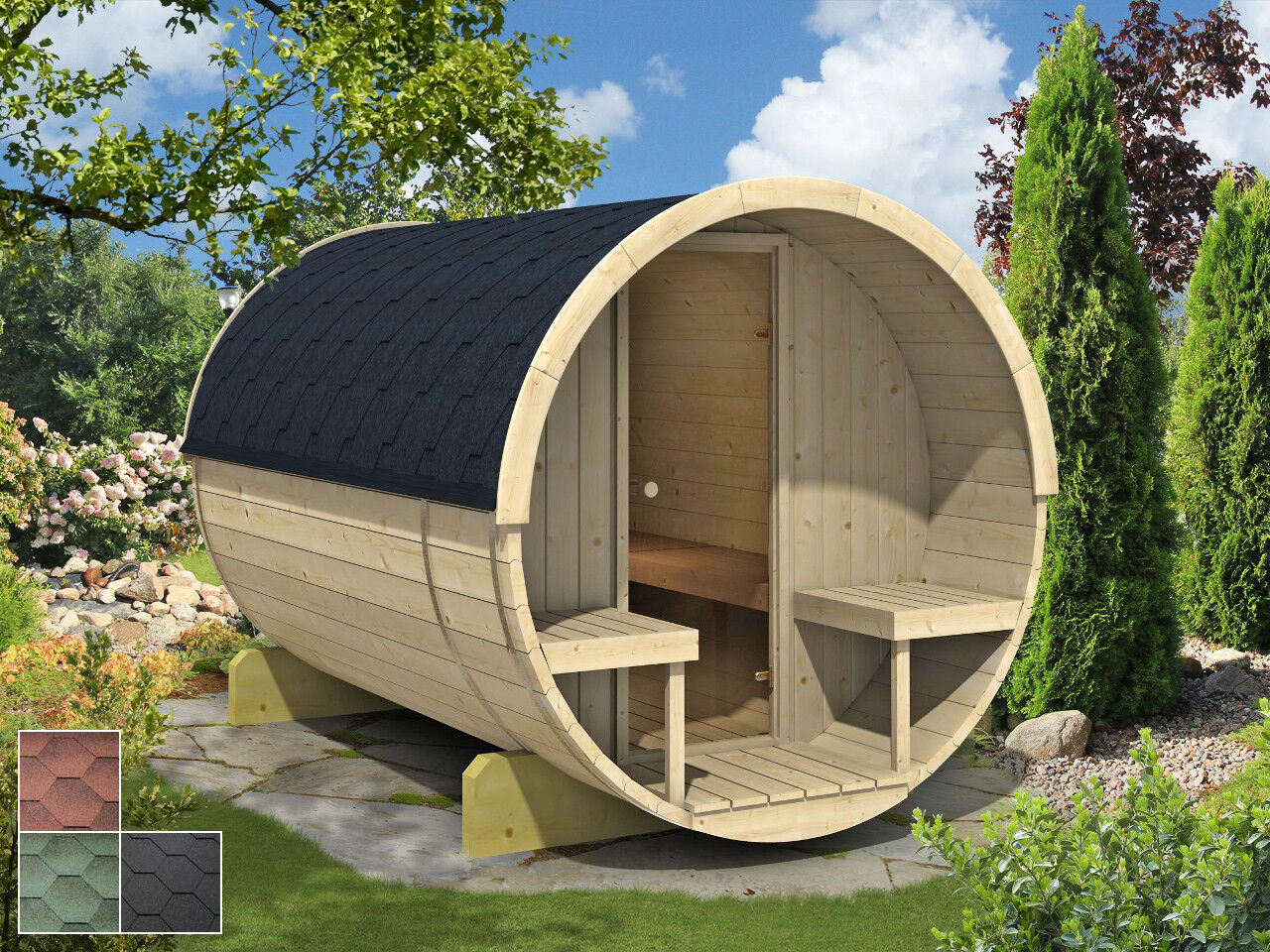 Finn Art Fass-Sauna Lasse mit Glastür und zwei Außenbänken im Garten