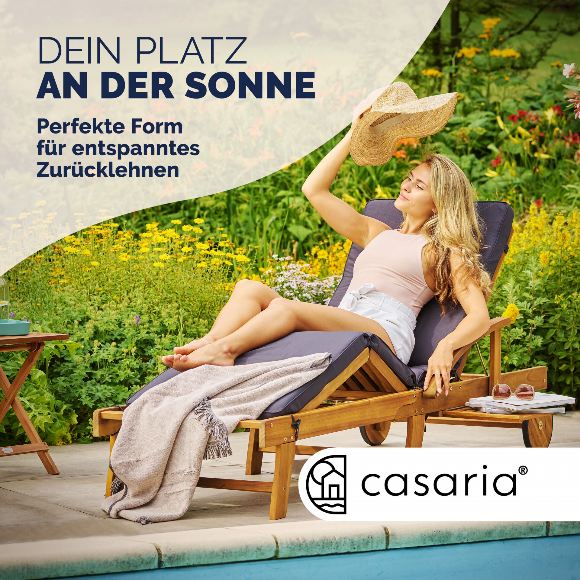 Gartenliege klappbar verstellbar Akazienholz mit Ausziehtisch Rollen
