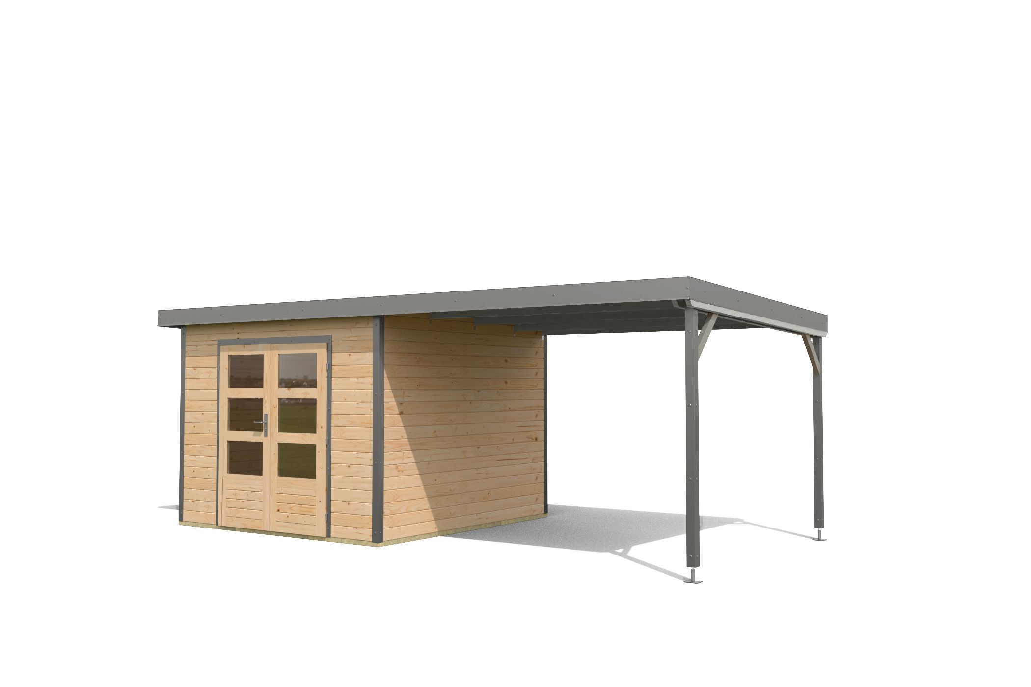 Karibu Pultdach Holz & Metall Gartenhaus Pluto 6 Set mit Anbaudach 3,07 m, naturbelassen / graualuminium