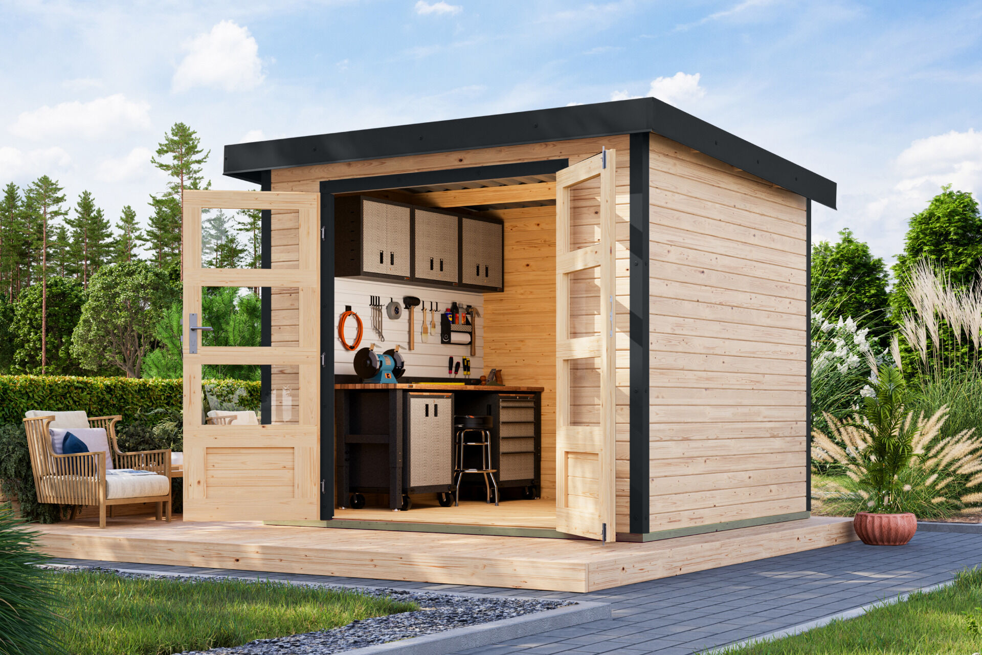 Karibu Pultdach Holz & Metall Gartenhaus Jupiter 3, naturbelassen / graualuminium
