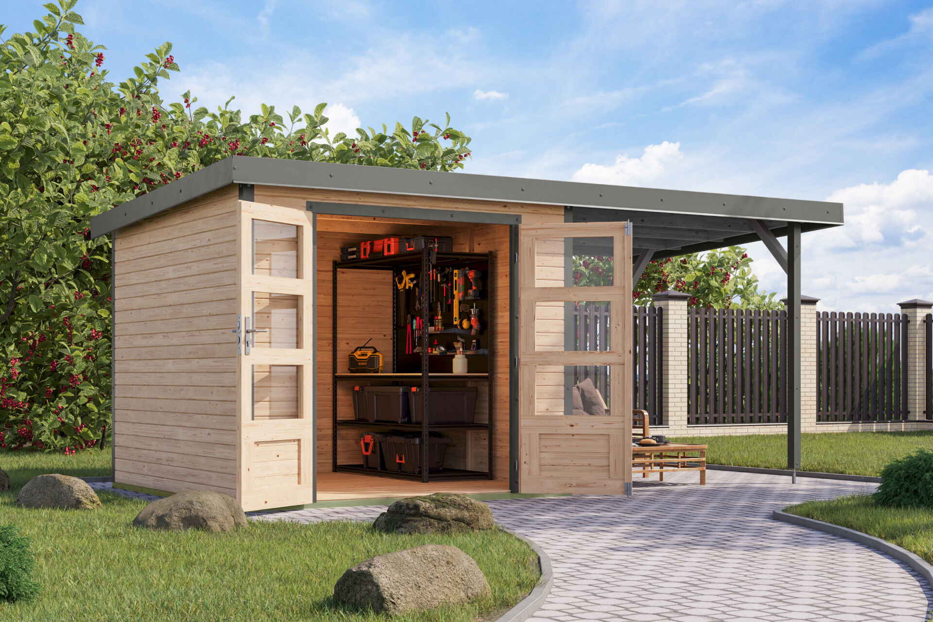 Karibu Pultdach Holz & Metall Gartenhaus Jupiter 3,5 Set mit Anbaudach 2,35 m