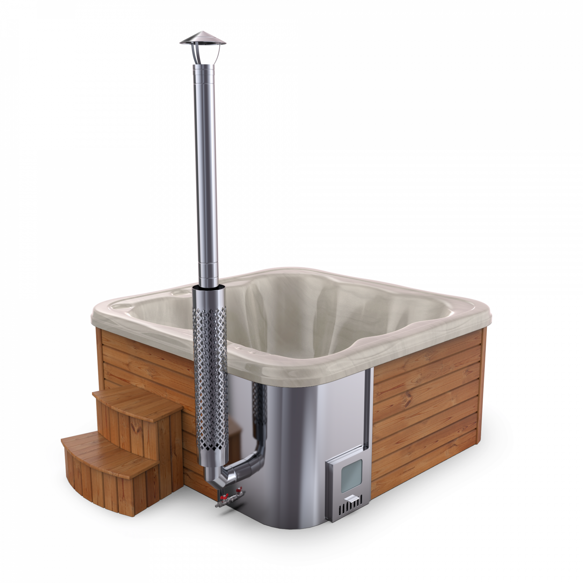 SPANOVA Hot Tub Premium 220 – Thermoholz Whirlpool mit integriertem Holzofen & Acrylwanne, Weiß marmoriert, Holzofen - 35kw V2A