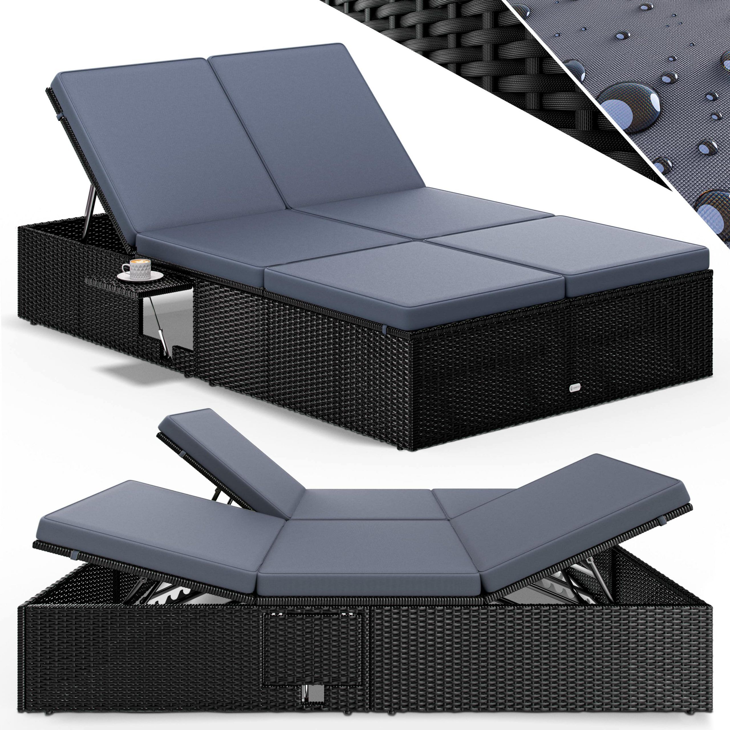 Polyrattan Gartenliege Schwarz/Anthrazit 200x115x33cm