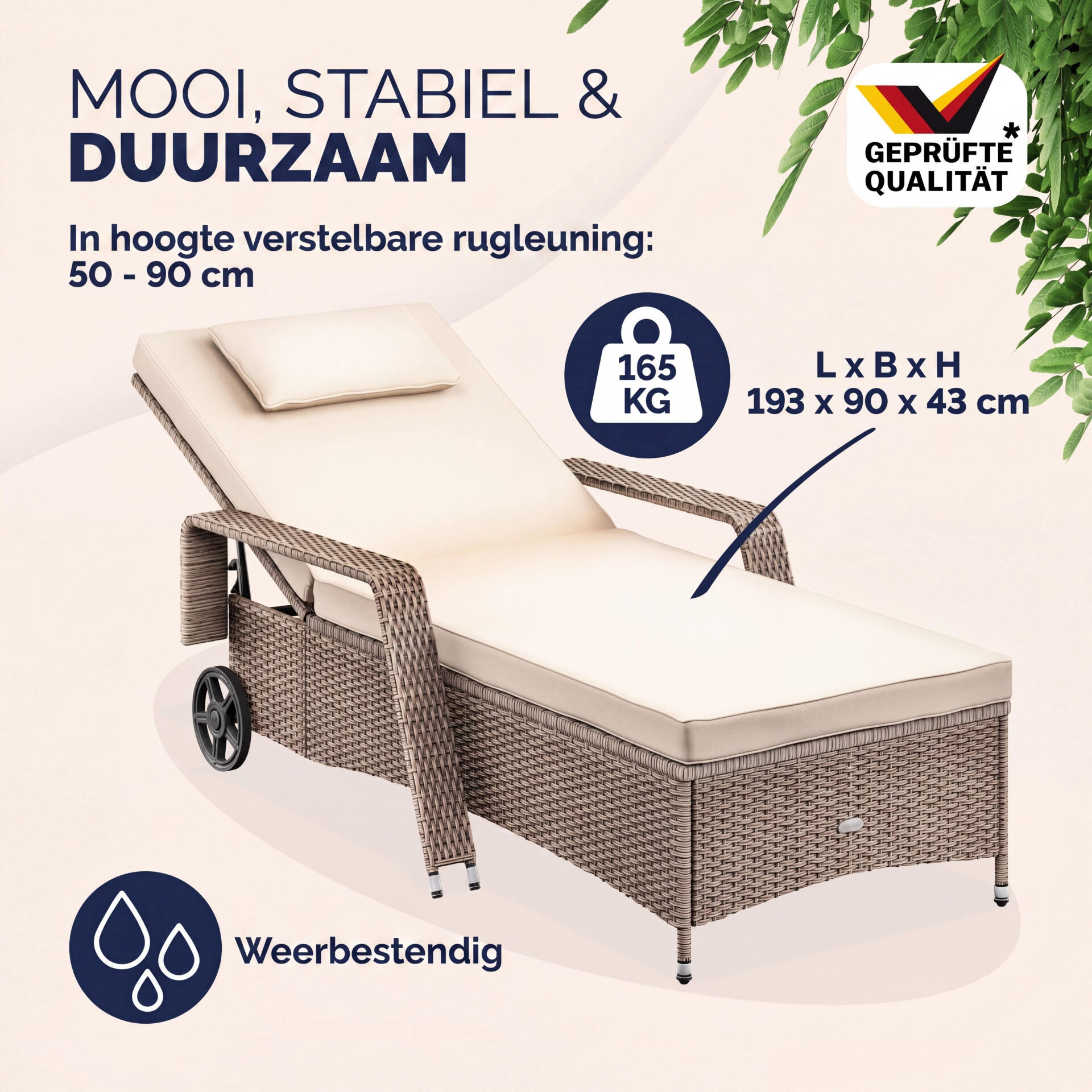 Polyrattan Gartenliege Creme/Creme 193x90x43cm