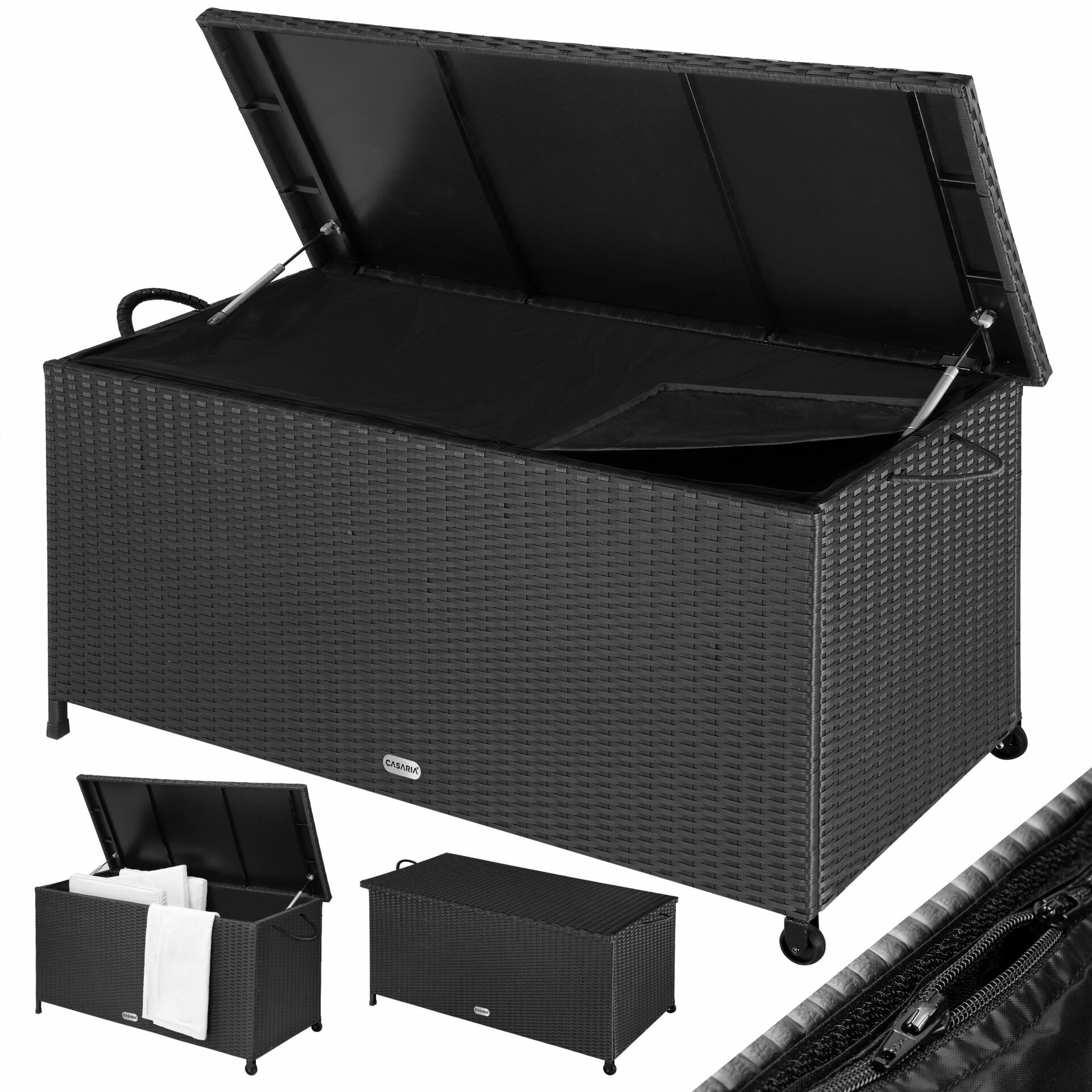 Gartenbox Polyrattan Schwarz 117x53x60cm mit Griffen + Rollen