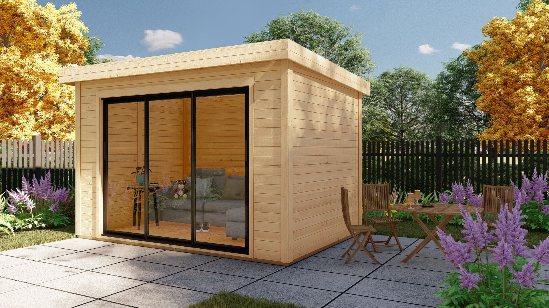 28 mm Flachdach Holz Gartenhaus modern Sydney 54 mit Schiebetür