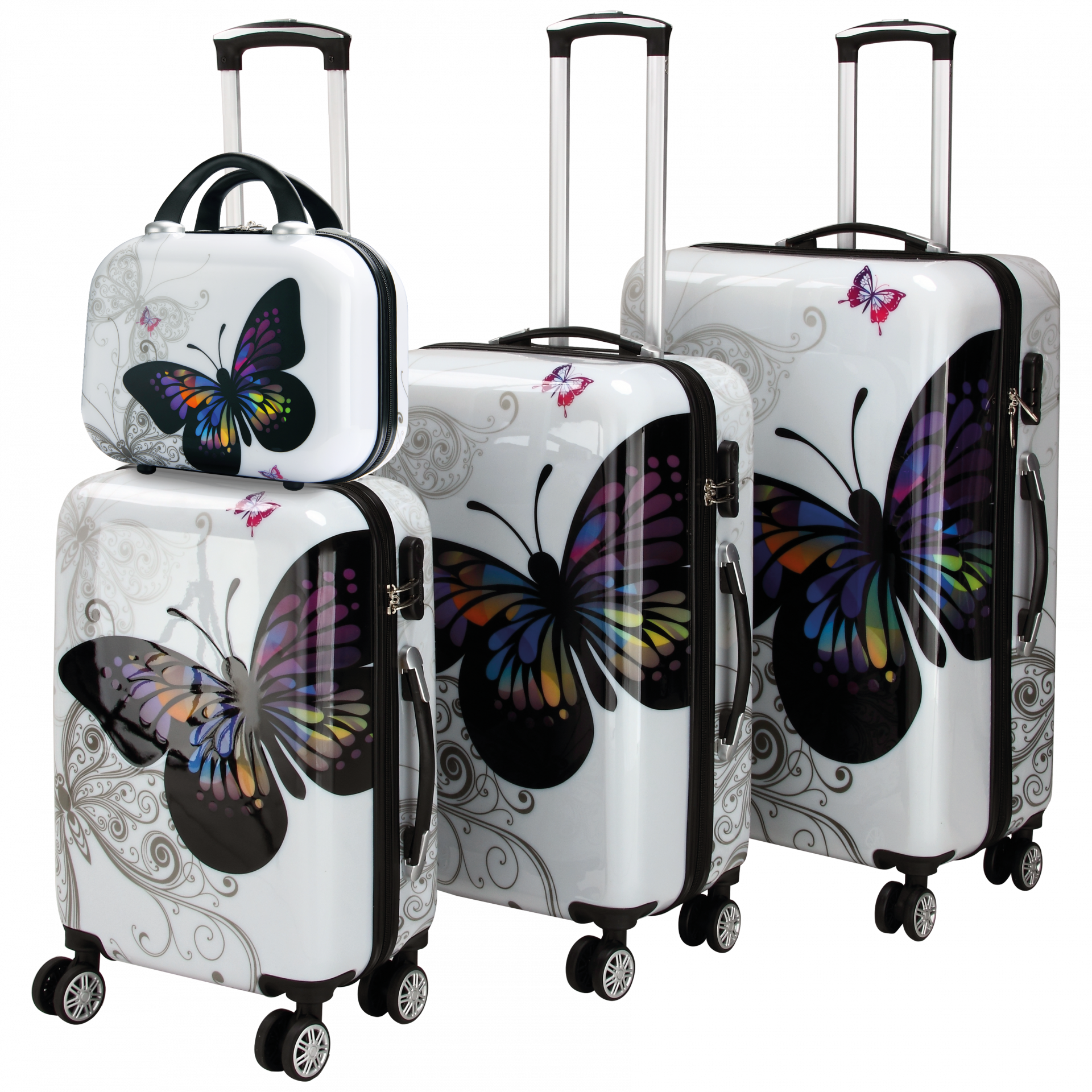 Hartschalenkoffer Set 4-tlg Rollen 360º Beautycase Butterfly Polycarbonat