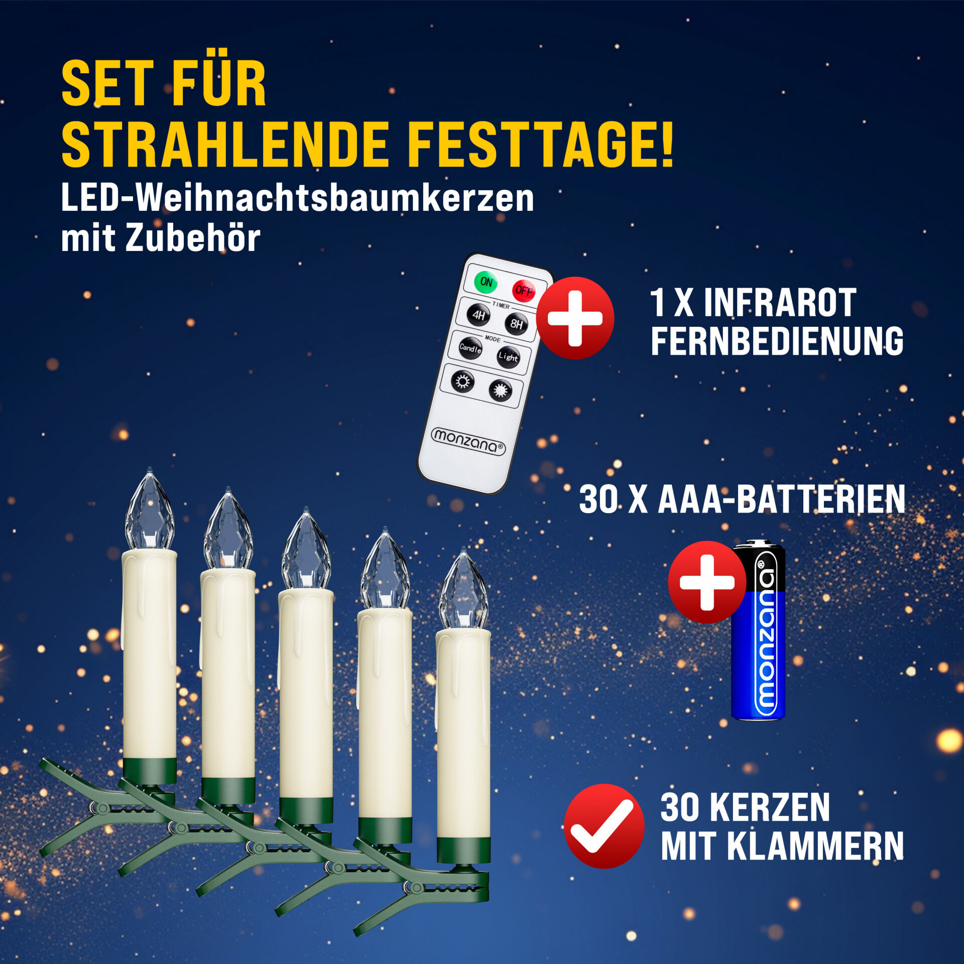 Kabellose Weihnachtsbaumkerzen LED 30er-Set Warmweiß mit Batterien + Fernbedienung